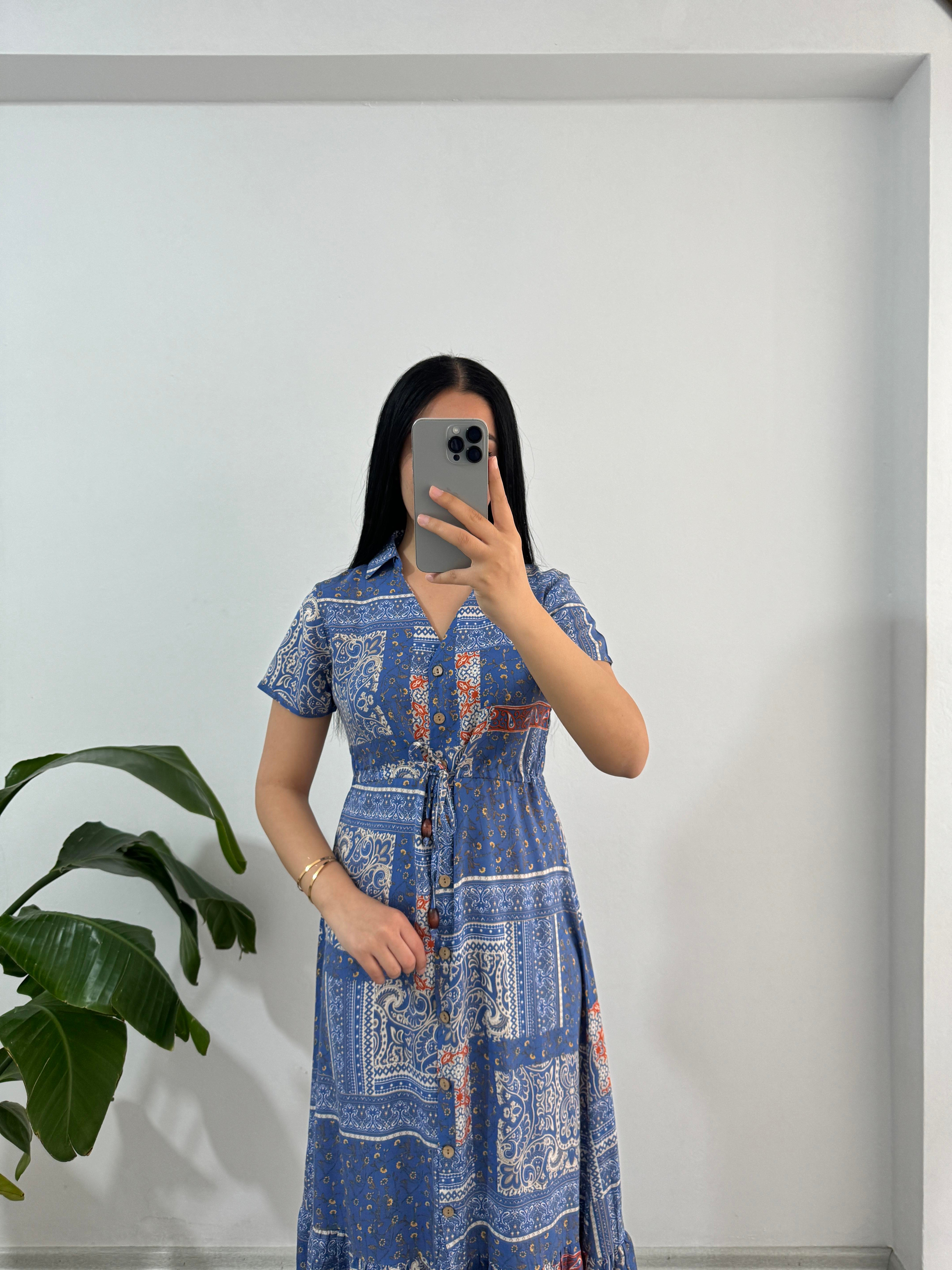 Viskon Kumaş Mavi Elbise 