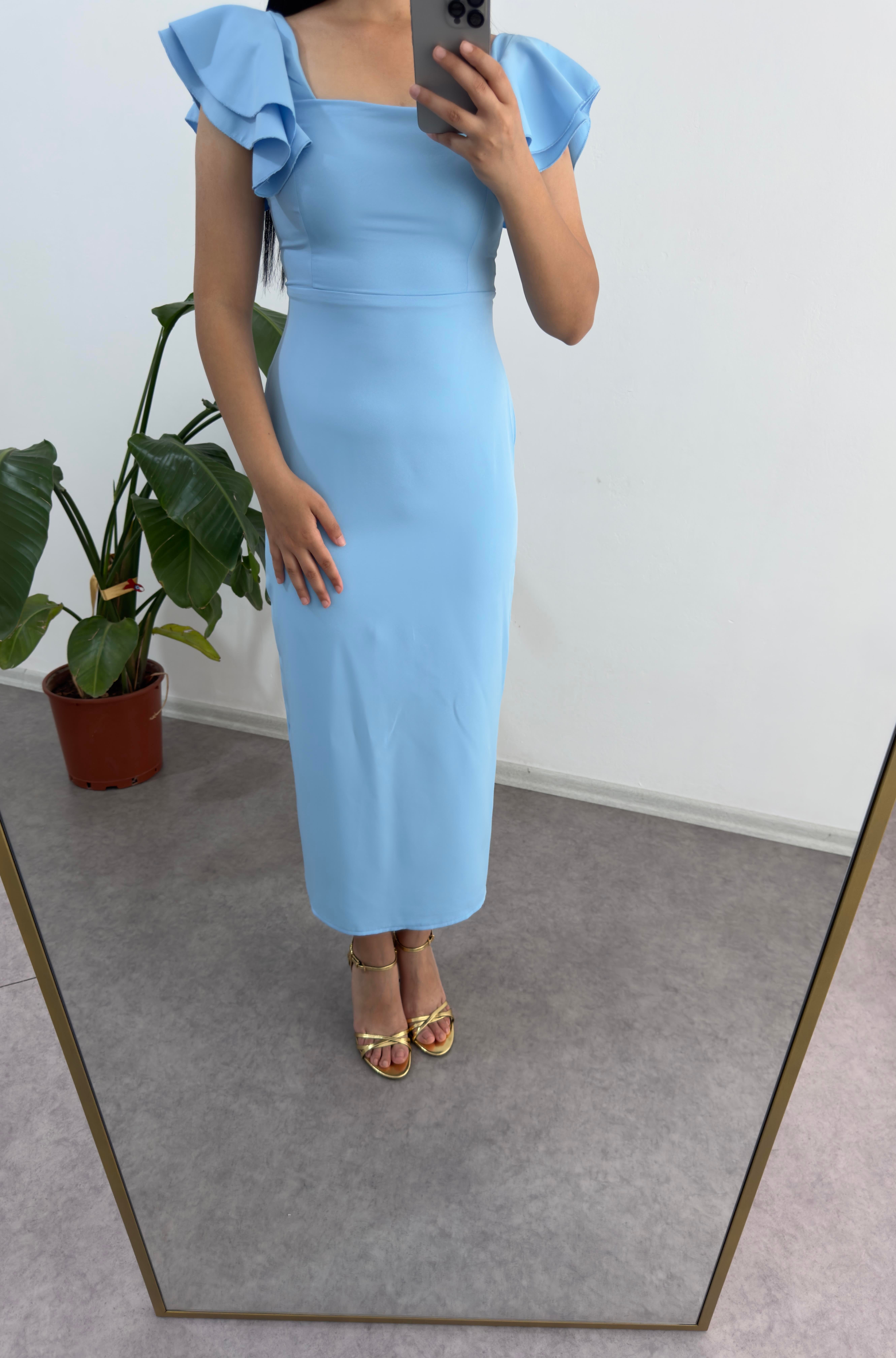 Volanlı Kol Mavi Elbise