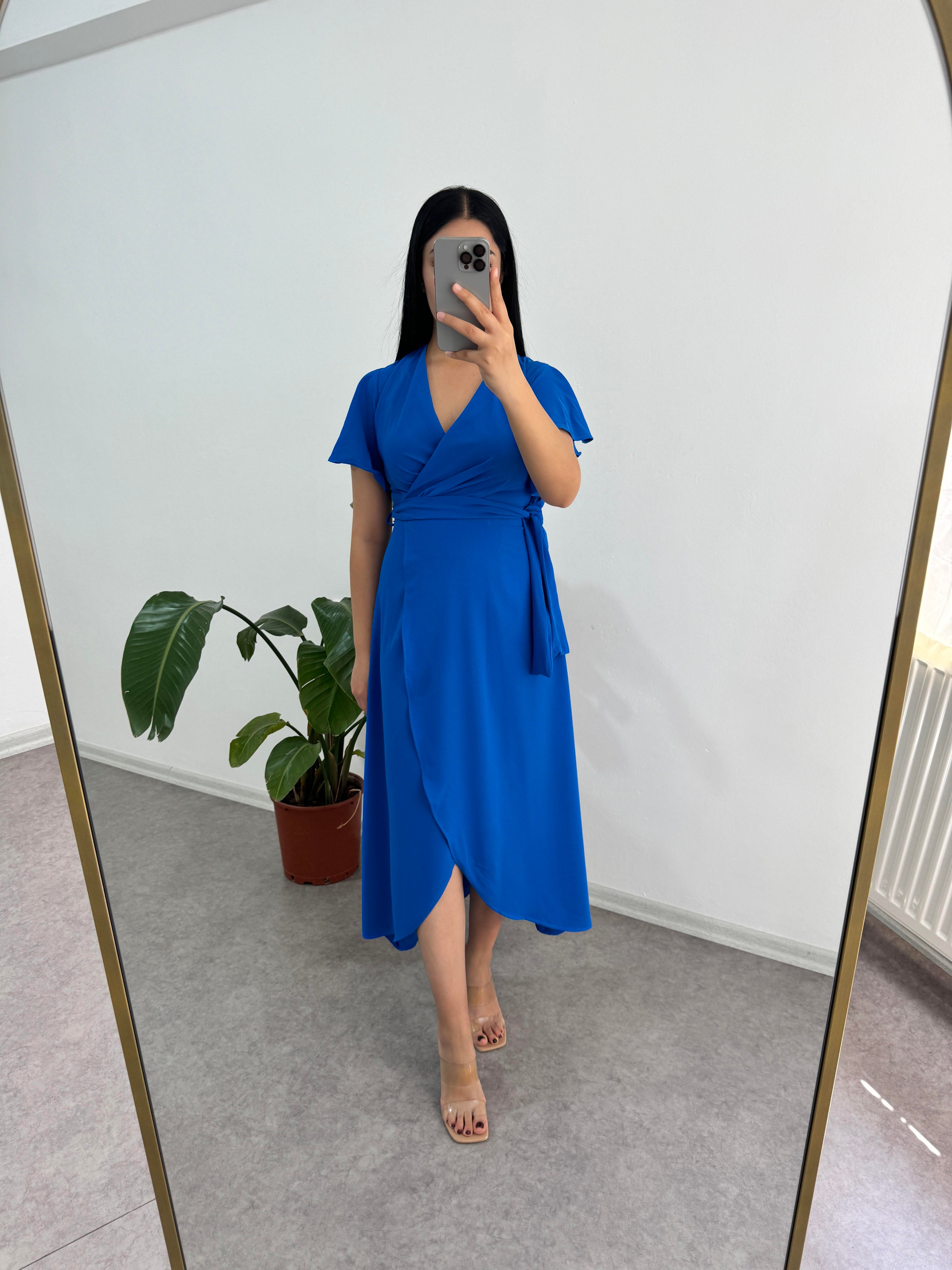 Volanlı Kol Mavi Elbise