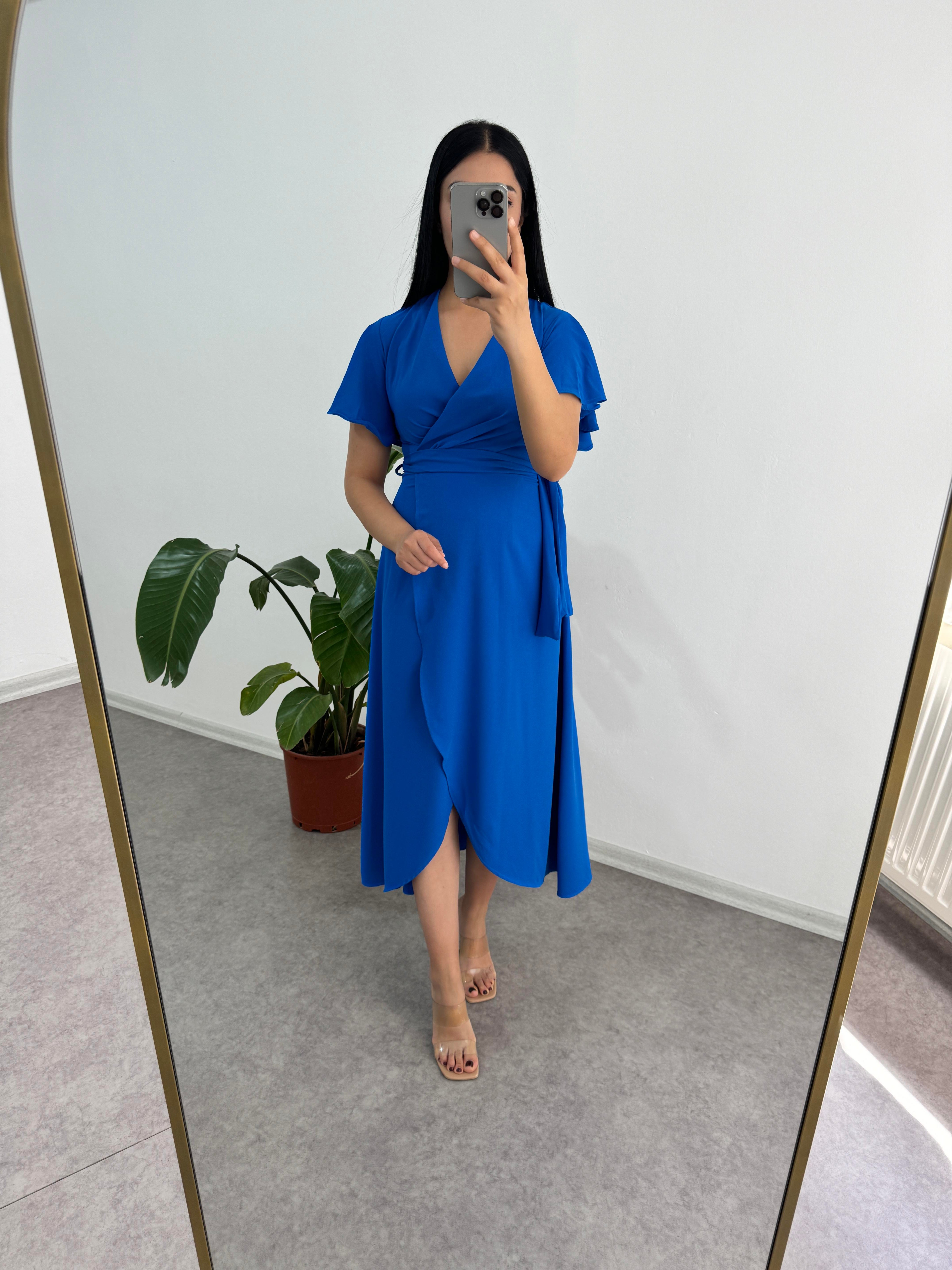 Volanlı Kol Mavi Elbise