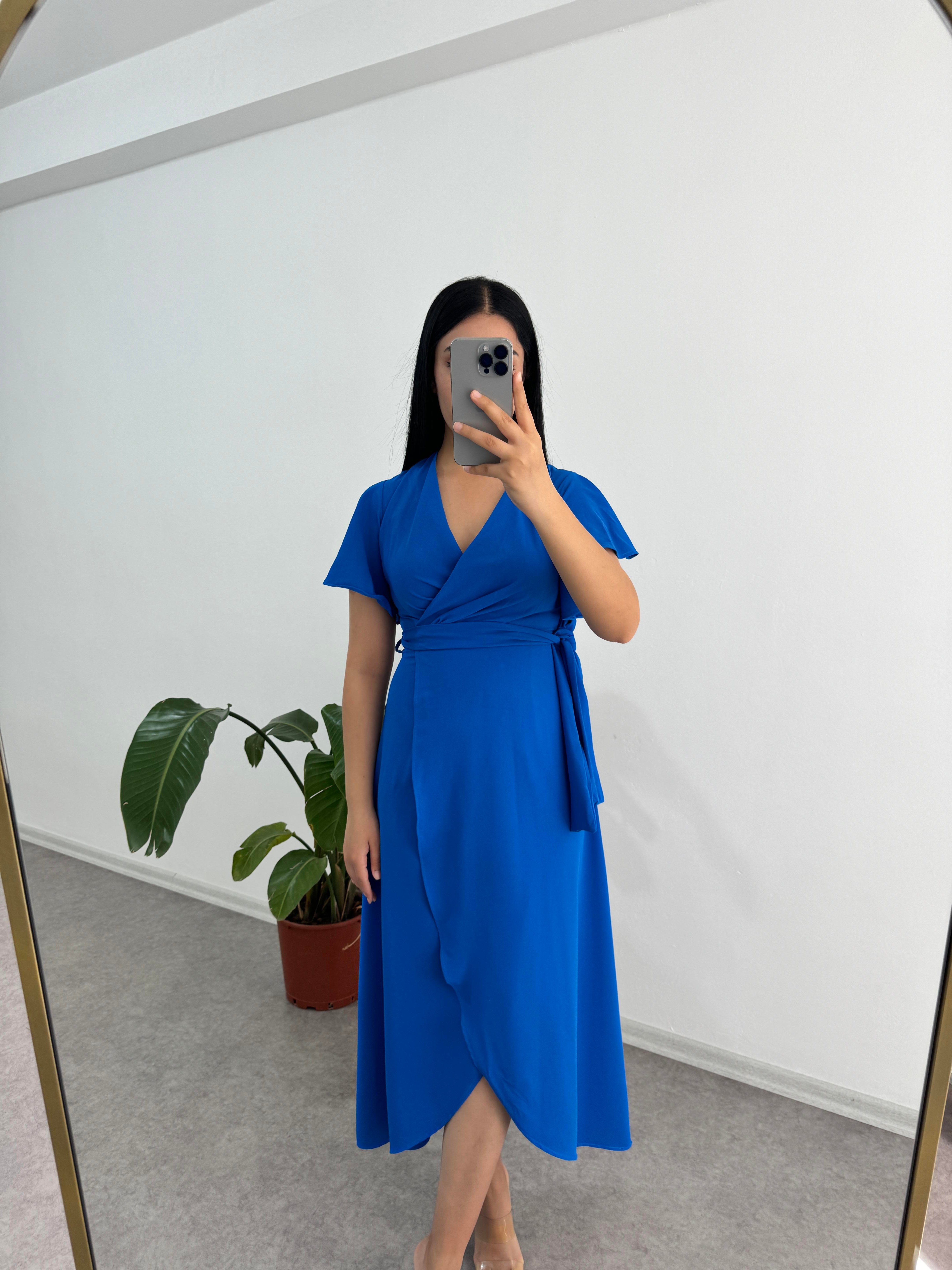 Volanlı Kol Mavi Elbise