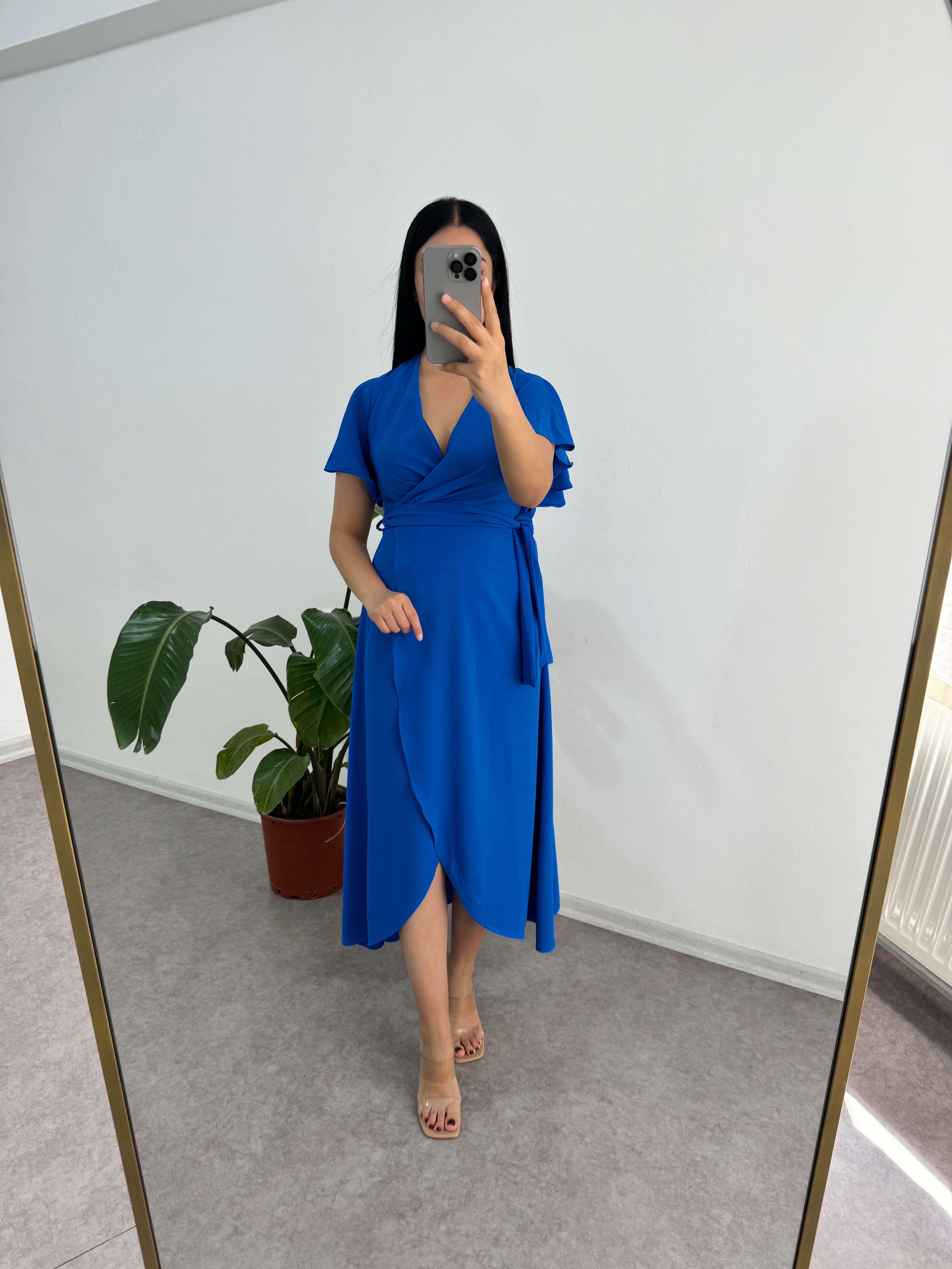 Volanlı Kol Mavi Elbise