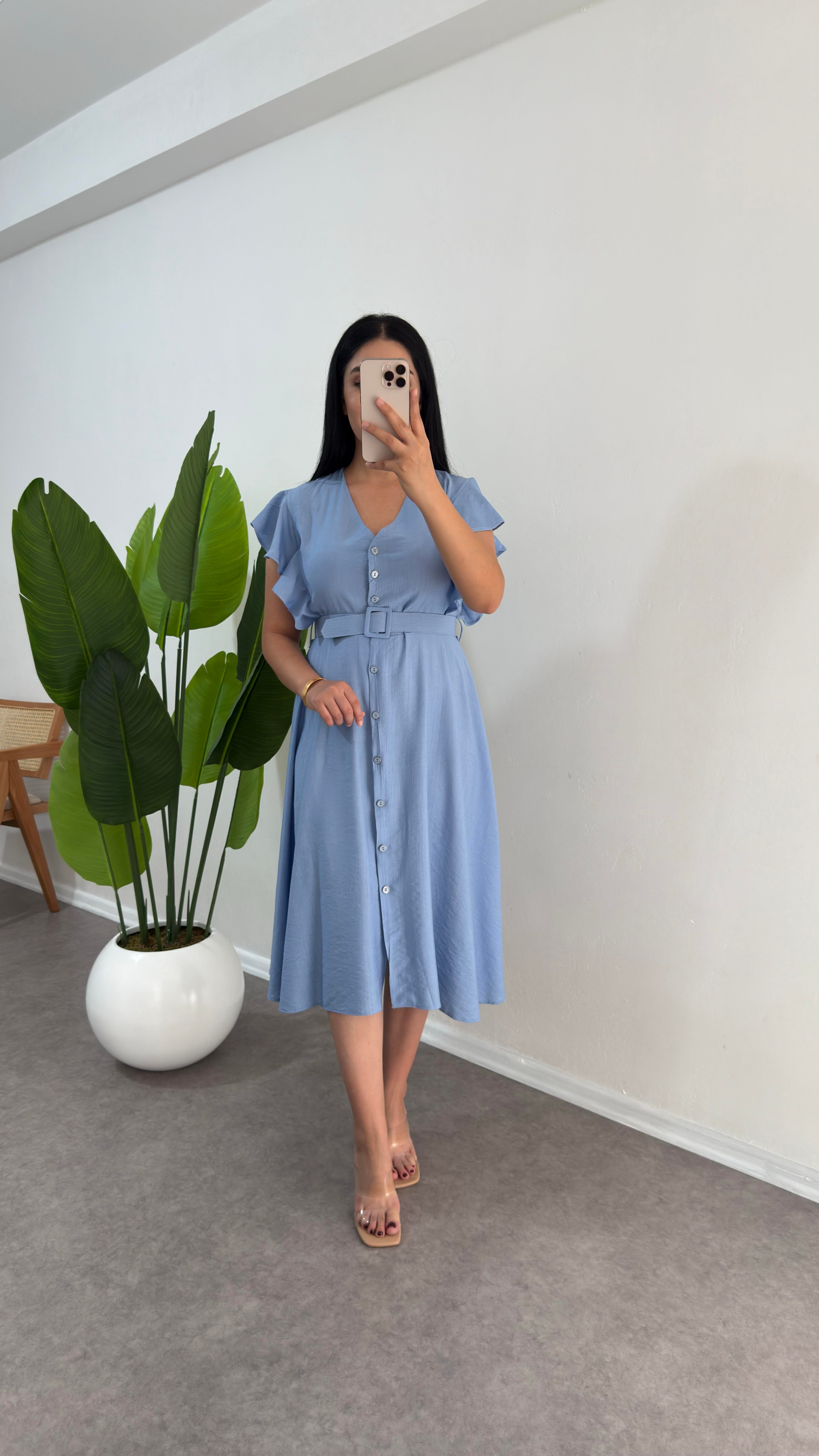 Volanlı Mavi Solin Elbise