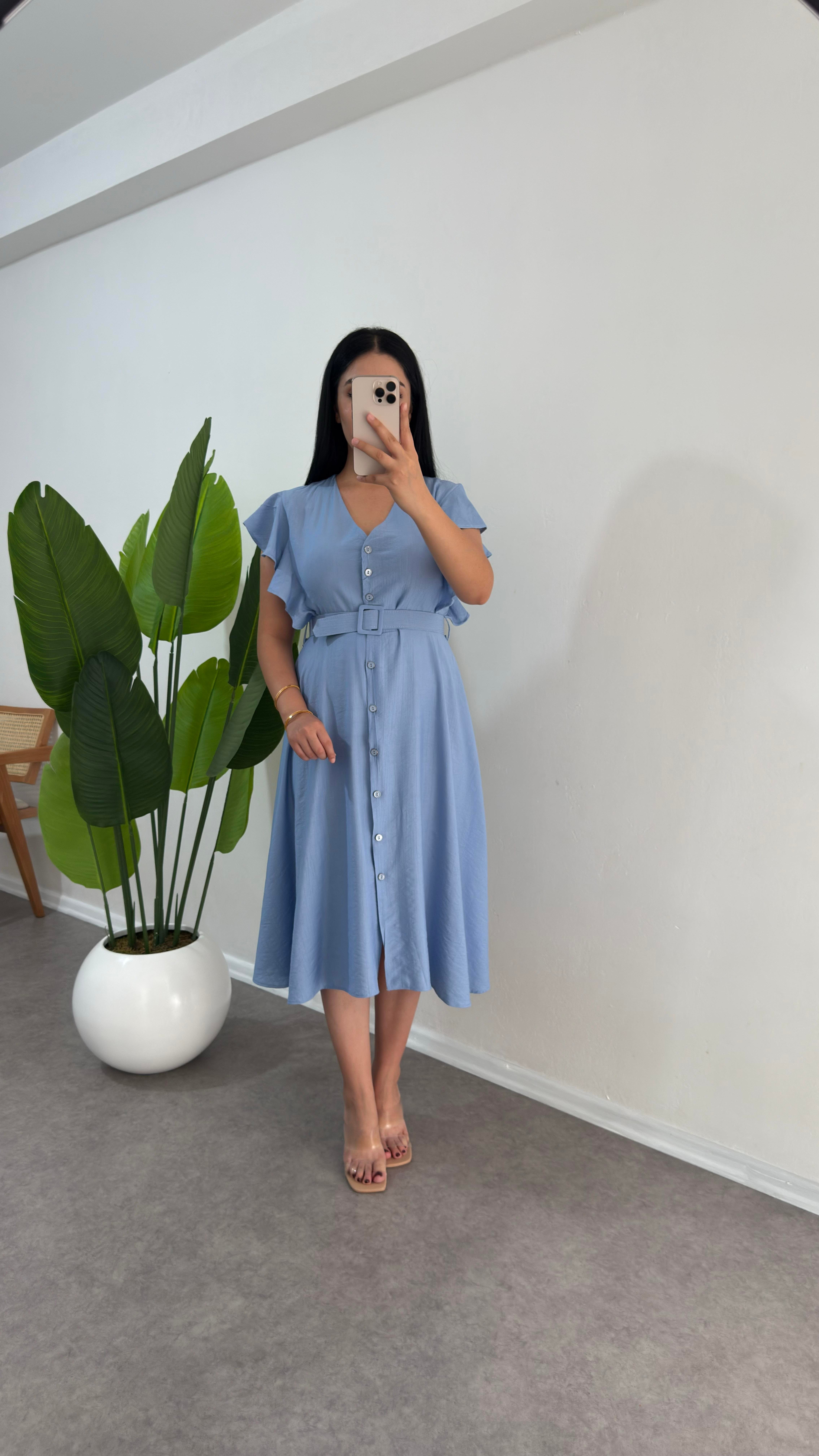 Volanlı Mavi Solin Elbise