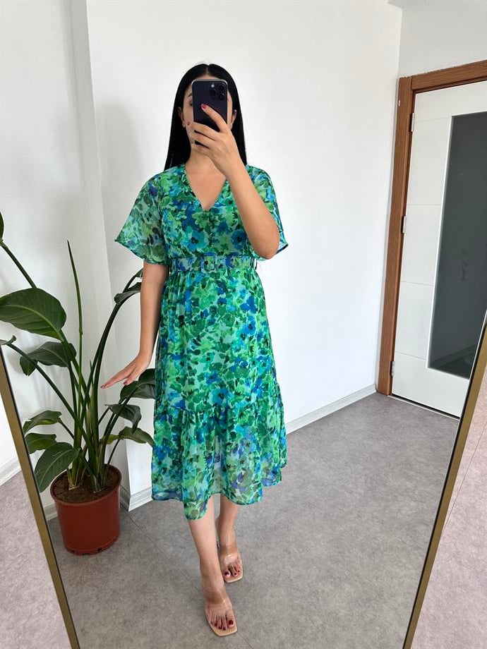 Yeşil şifon elbise astarlı