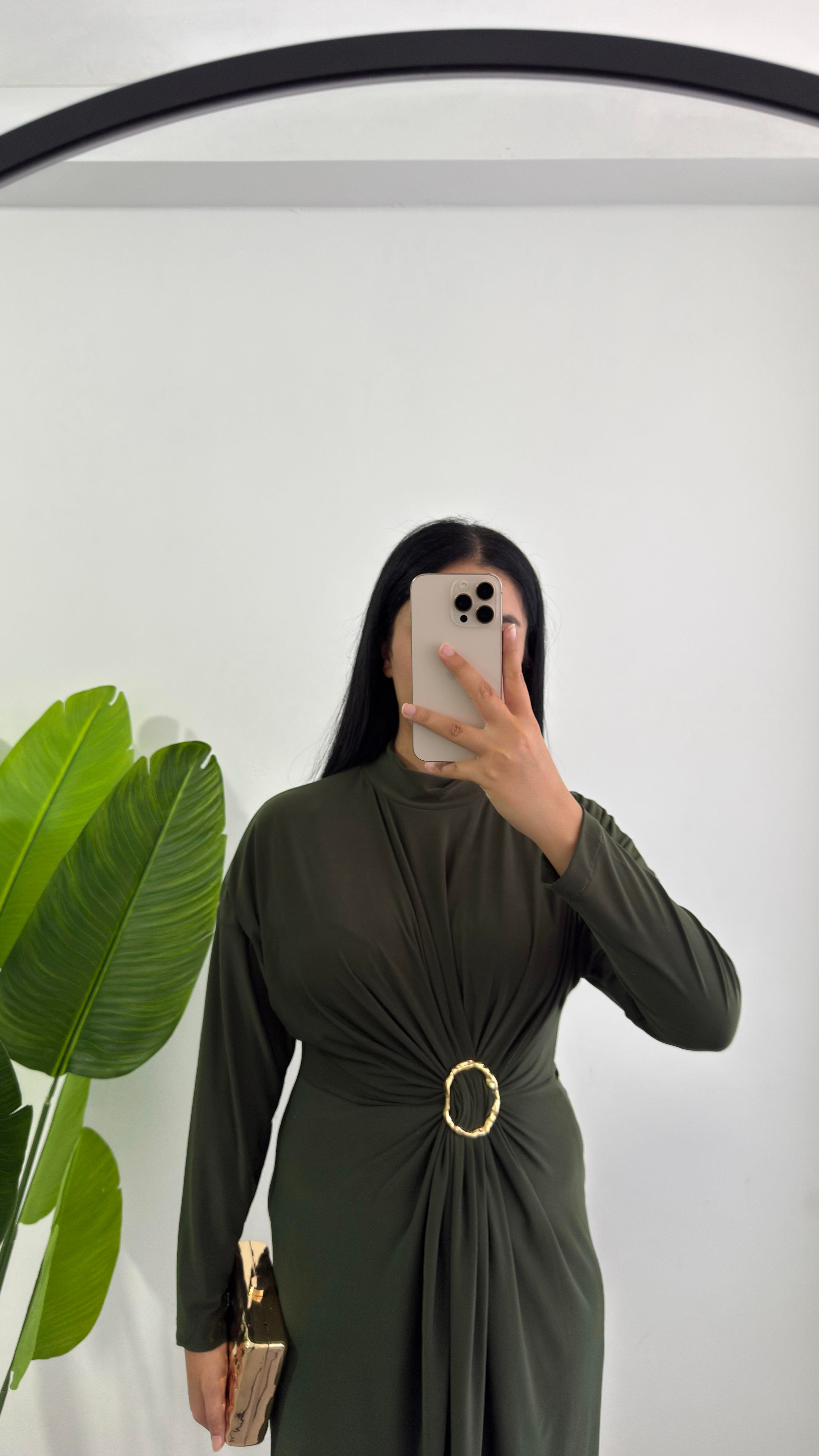 Yeşil Tokalı Drape Midi Elbise