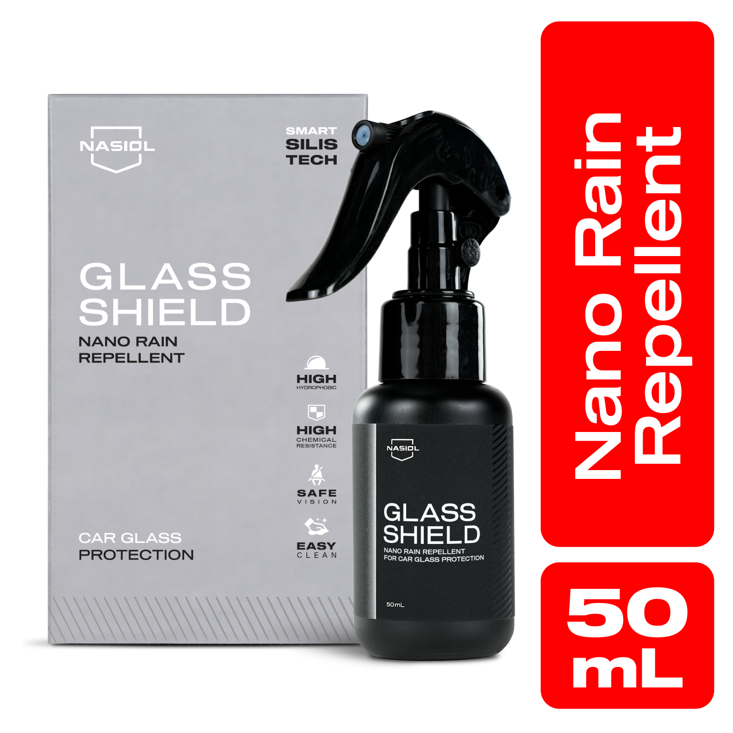 Nasiol Glasshield Nano Yağmur Kaydırıcı-Cam Yüzey Seramik Kaplama Spreyi-2 Yıl Dayanım-50ml
