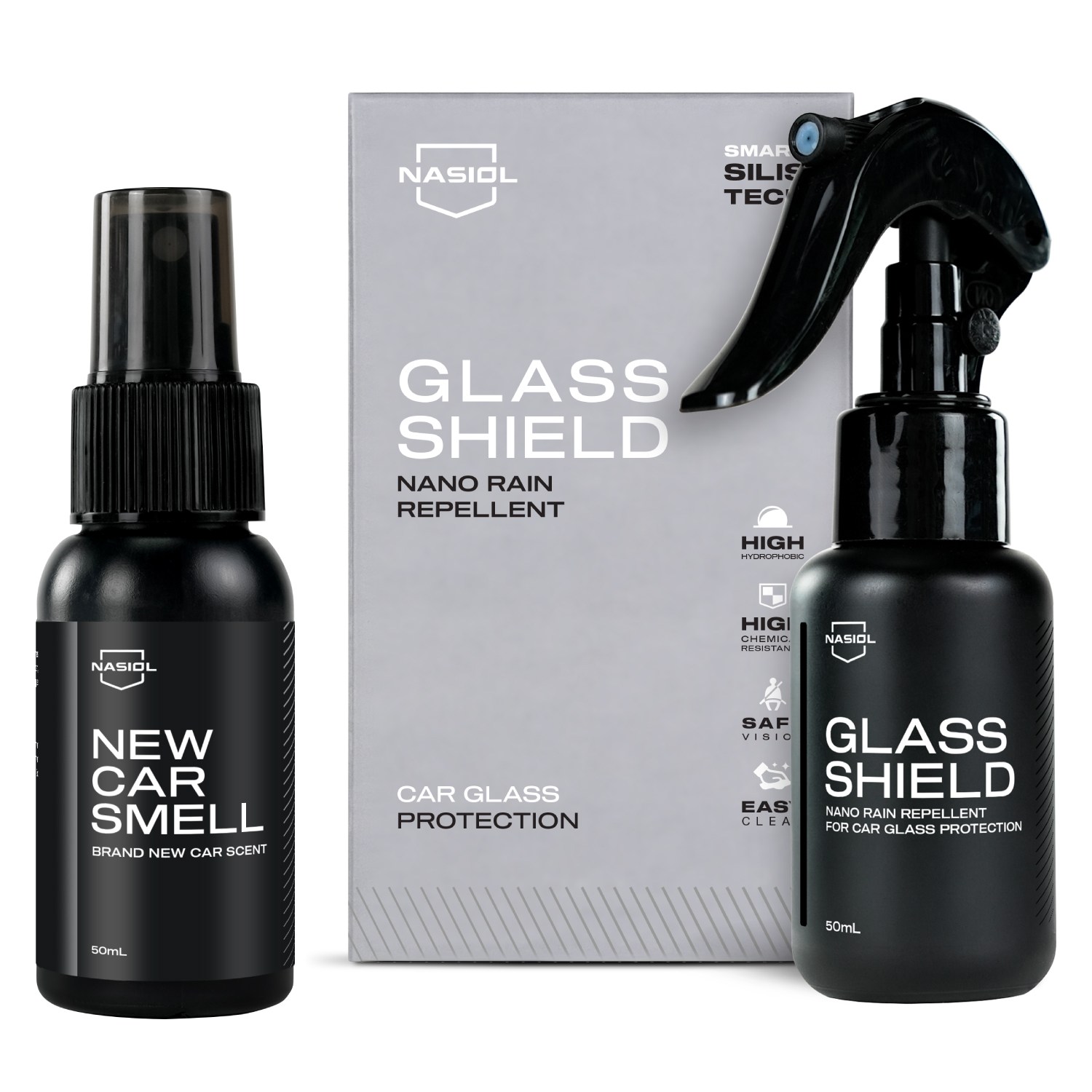 Nasiol Glasshield Nano Rain Repellent and New Car Smell Car Scent Set of 2-Advantage Package