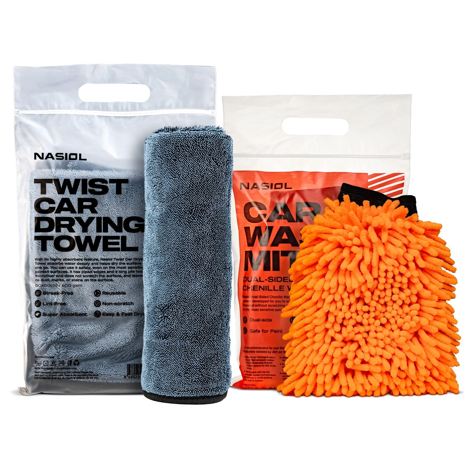 Nasiol Microfiber Car Drying Towel 23x35inch and Super Soft Chenille Car Wash Mitt Set-Advantage Package