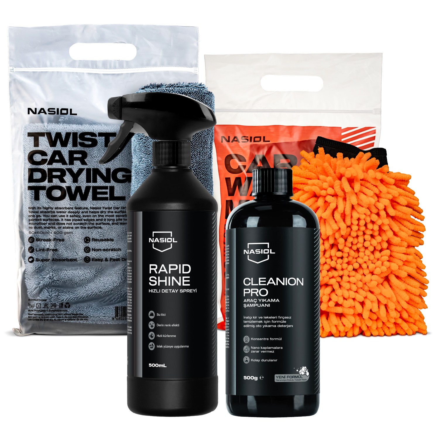 Nasiol Car Wash Set of 3 and Rapidshine Car Quick Nano Detail Spray Set-Advantage Package