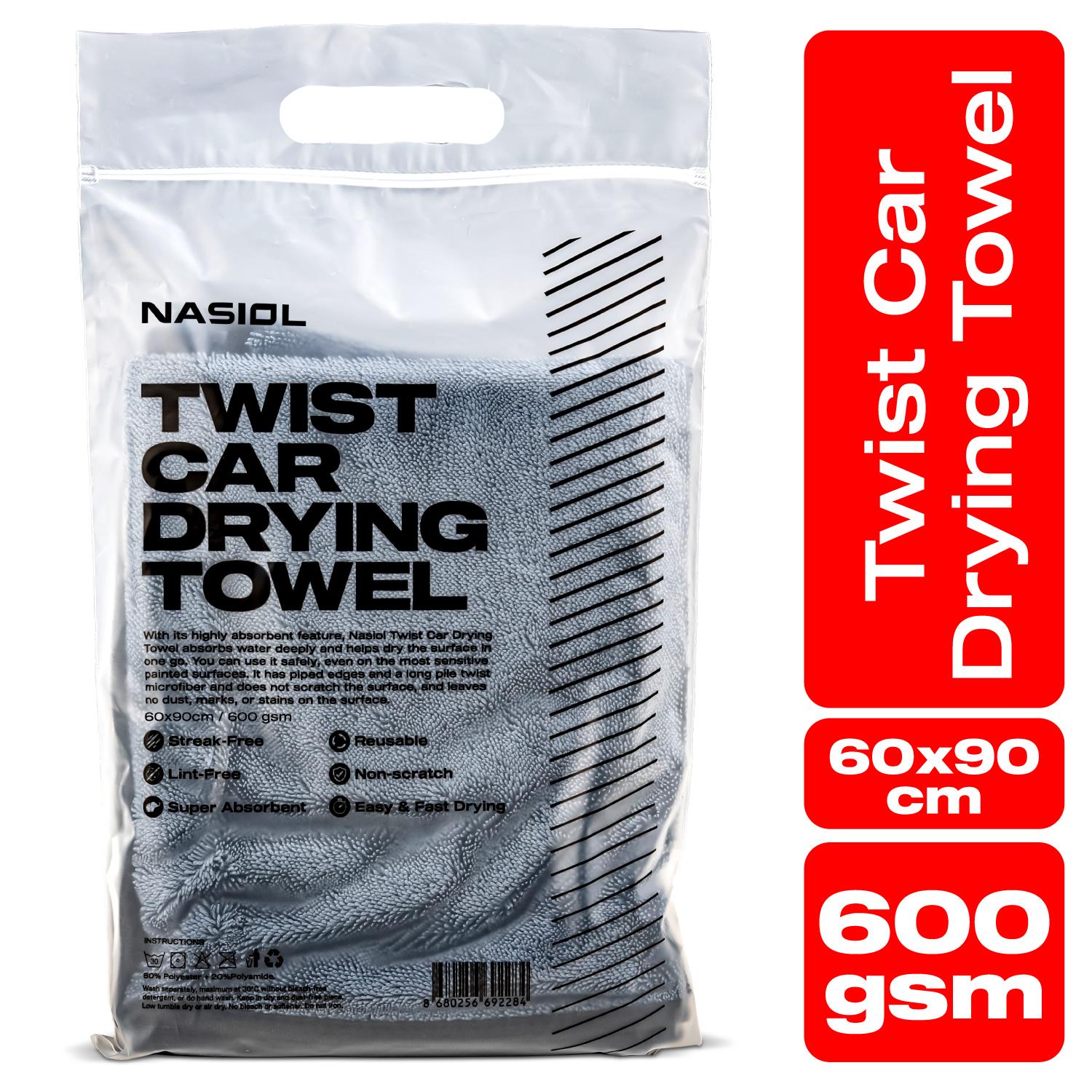 Nasiol High Water Absorbent Microfiber Car Drying Towel-Scratch Free Cleaning-23x35inch-600gsm
