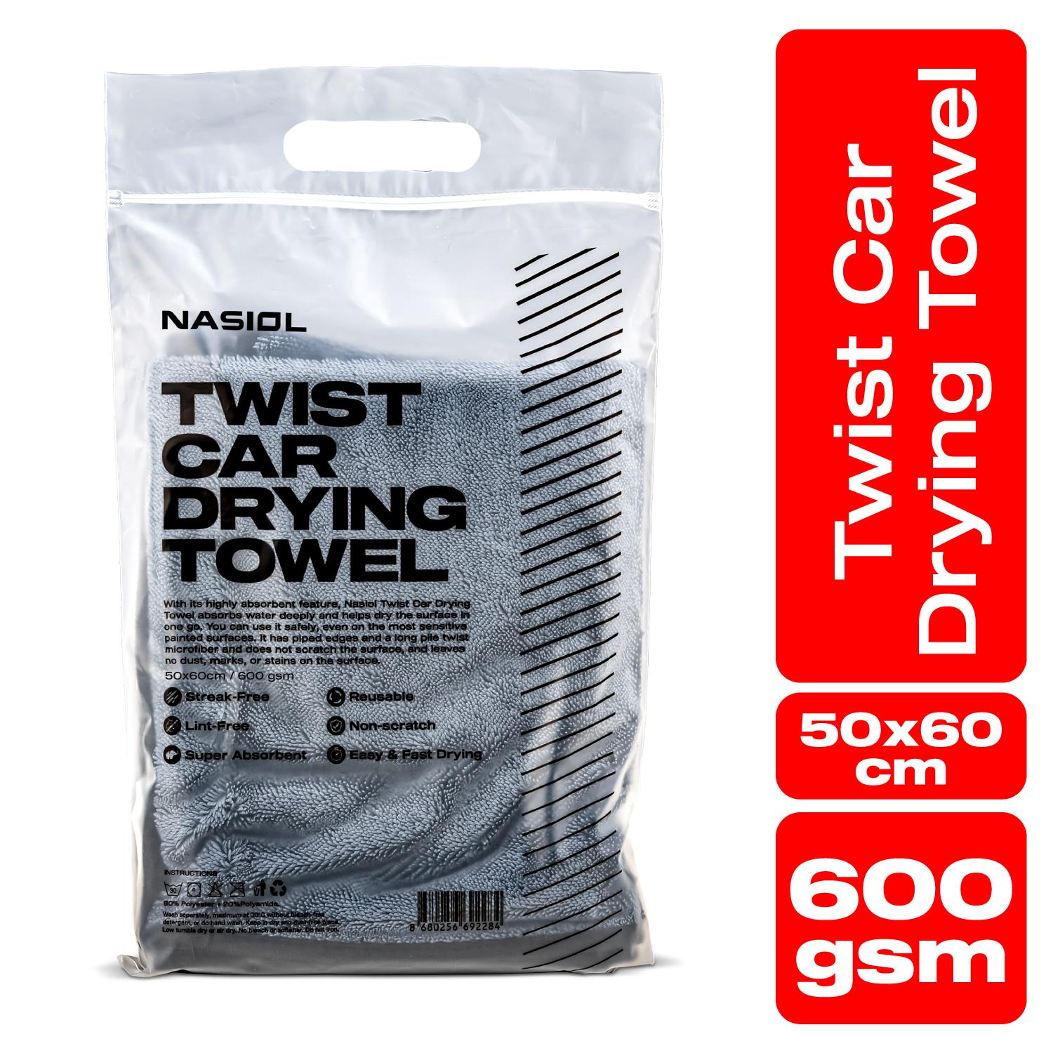 Nasiol High Water Absorbent Microfiber Car Drying Towel-Scratch Free Cleaning-19x23inch-600gsm
