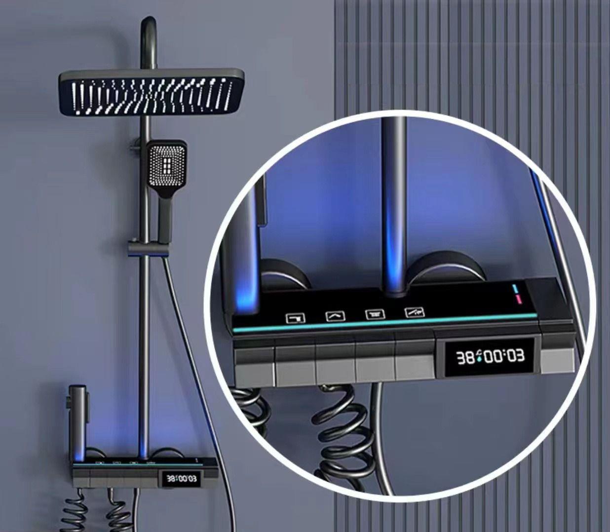 Antrasit Dijital Led Işıklı Fonksiyonel Tepe Duşlu Piyano Sürgülü Duş ve Batarya Takımı