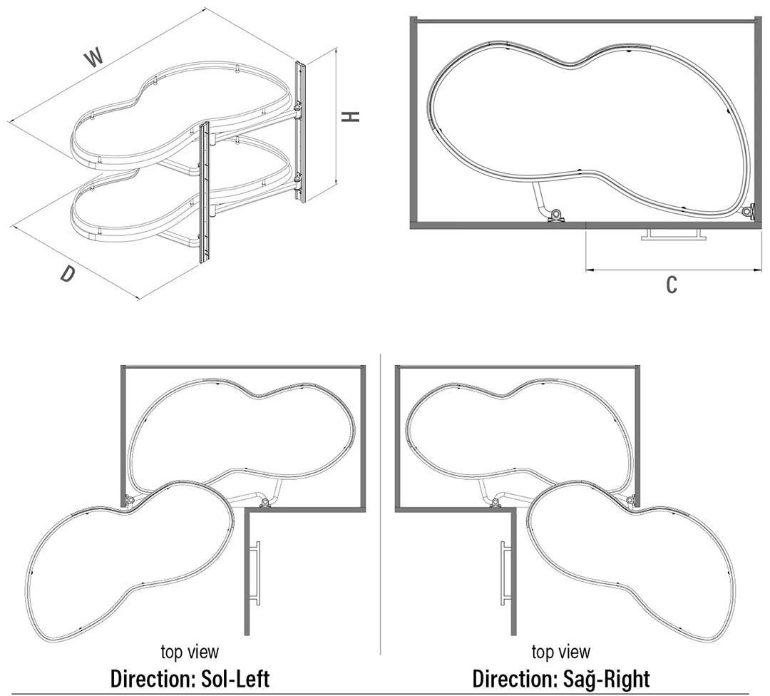 Döner Tablalı Körköşe Mekanizması S3013 Kör Sağ