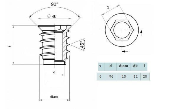 M6 12x20 Mm. Zamak Metal Dübel-30 Adet