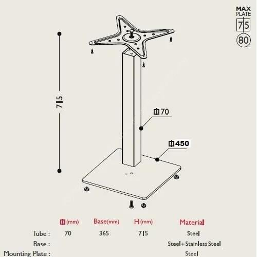 Ortadan Tablalı Kare Tip Masa Ayağı Mat Siyah Ağırlık Tabanlı 70-450 Mm