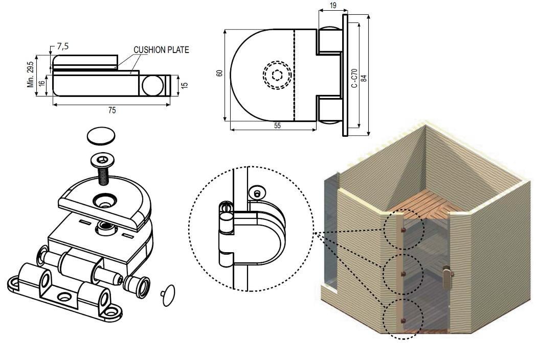 Sauna Kapı Menteşesi Parlak Mat Krom