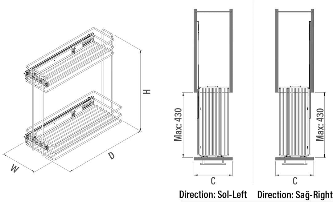 Tezgah Altı Yandan Raylı Frenli Şişelik & Deterjan 15 Cm. Modül S2211