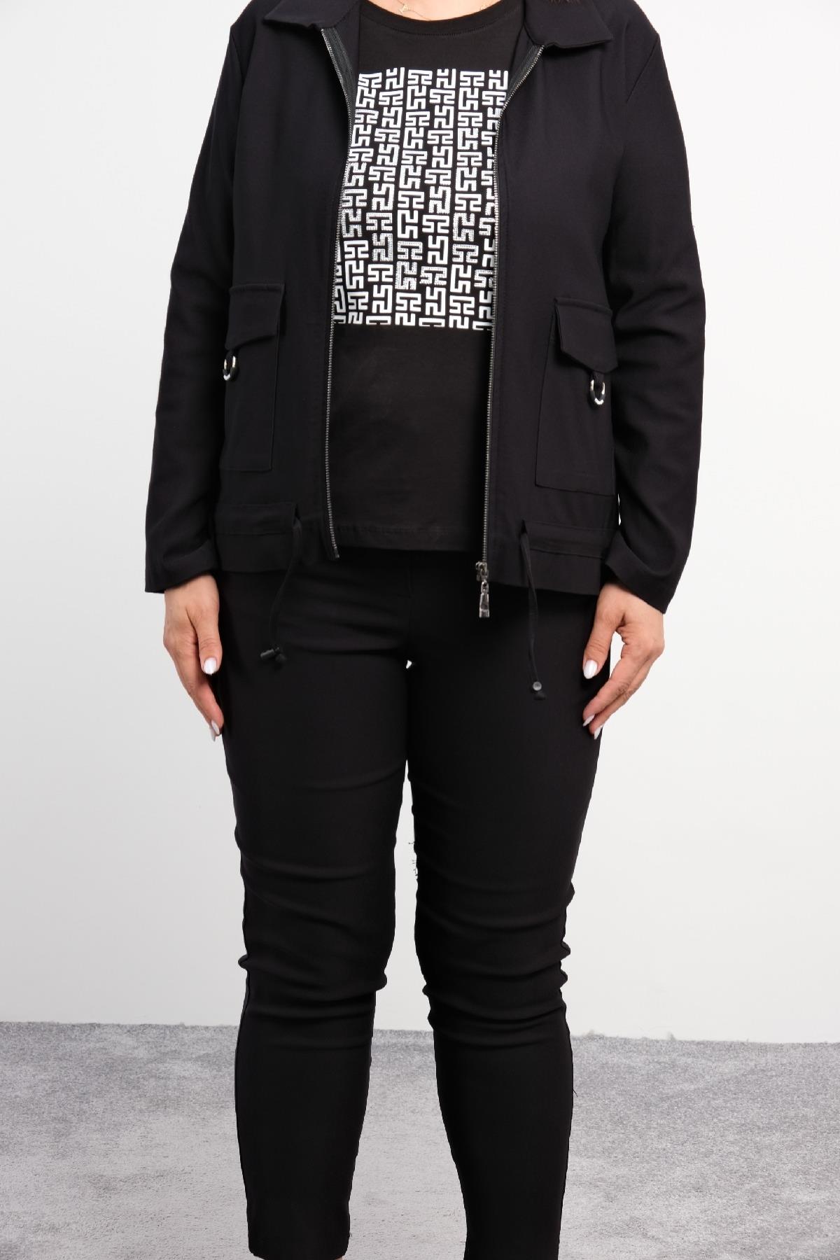  Bu ürün, zarif ve rahat bir gündelik kıyafettir. Siyah renkli pantolon ve üzerinde geometrik desenlere sahip bir t-shirtü içerir. Pantolon, dar kesimi ve uyumlu yapısı ile şık bir görünüme sahiptir. T-shirt ise yuvarlak yaka ve kısa kollu olup, ön k