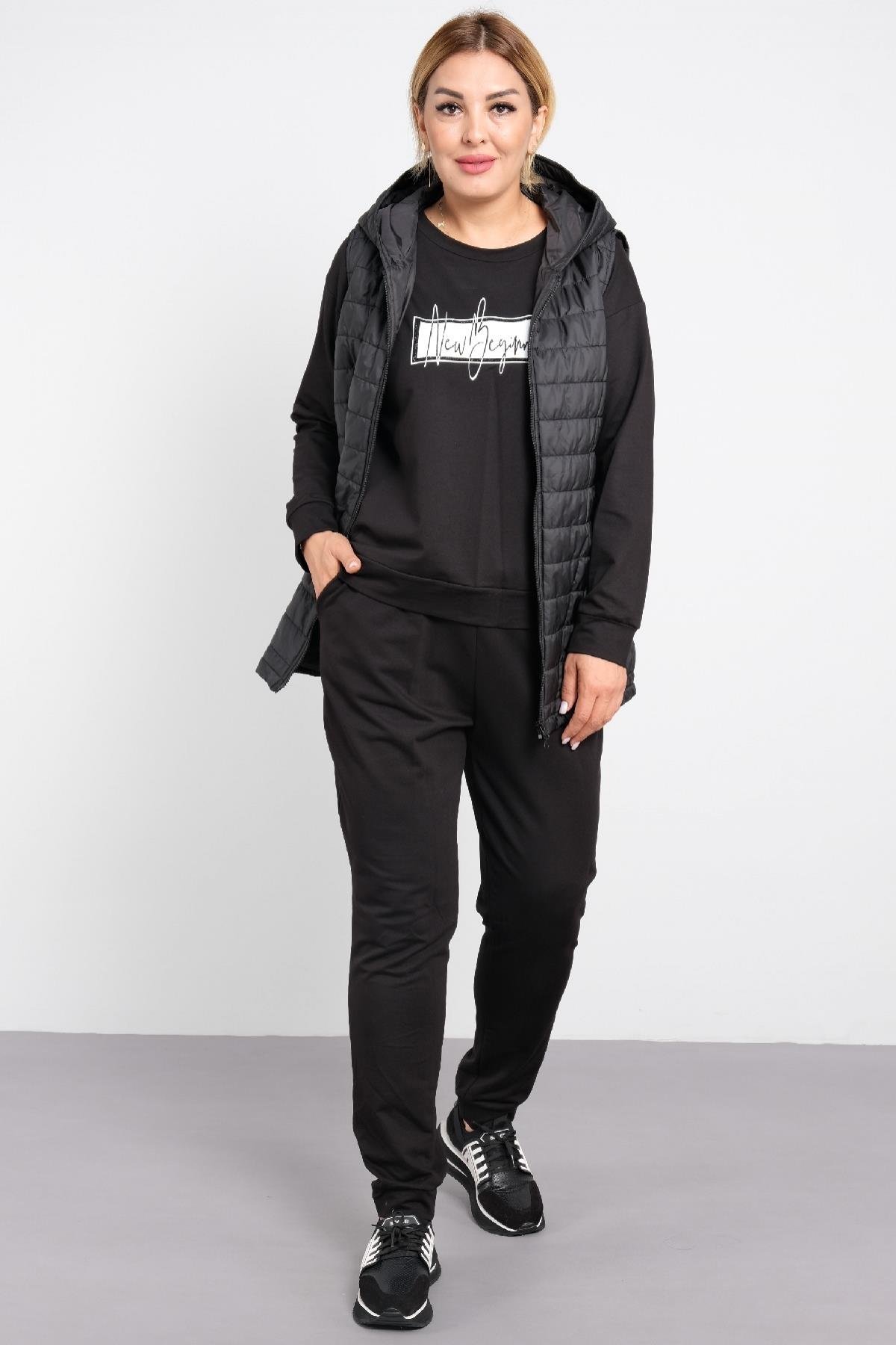 bayan, büyük beden, üçlü, spor takım, kapitone kapüşonlu yelek, sweatshirt ve dar paça pantalon