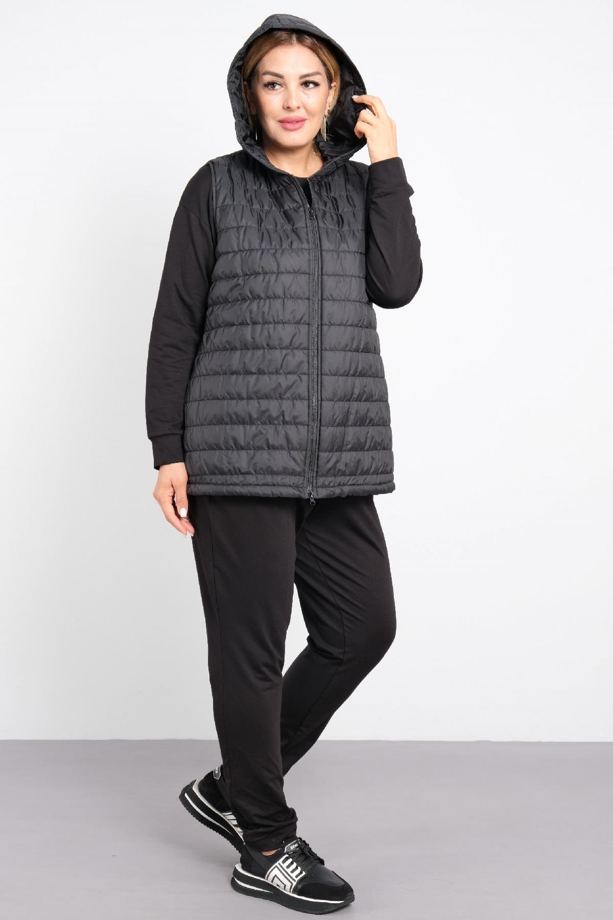 bayan, büyük beden, üçlü, spor takım, kapitone kapüşonlu yelek, sweatshirt ve dar paça pantalon