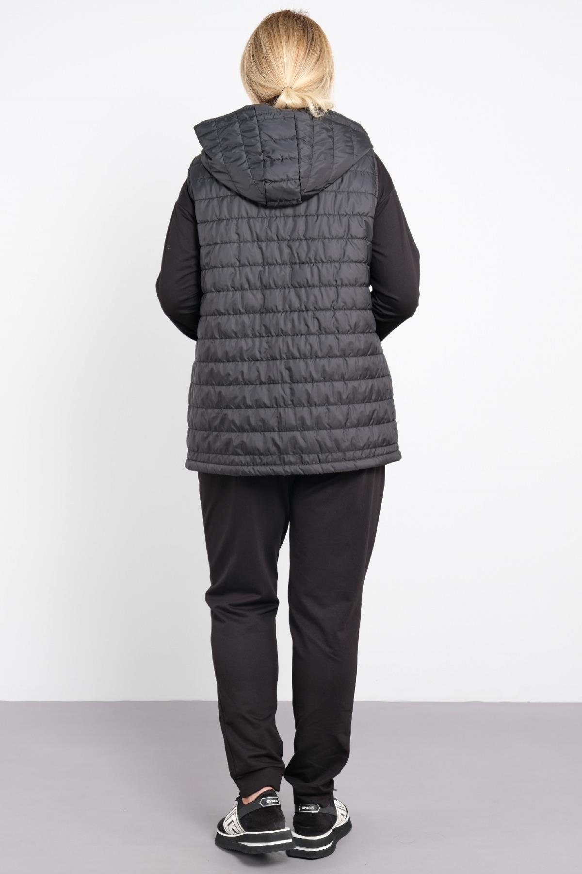 bayan, büyük beden, üçlü, spor takım, kapitone kapüşonlu yelek, sweatshirt ve dar paça pantalon