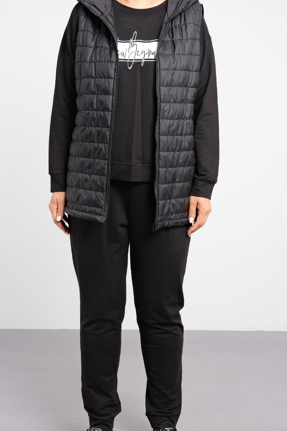 bayan, büyük beden, üçlü, spor takım, kapitone kapüşonlu yelek, sweatshirt ve dar paça pantalon