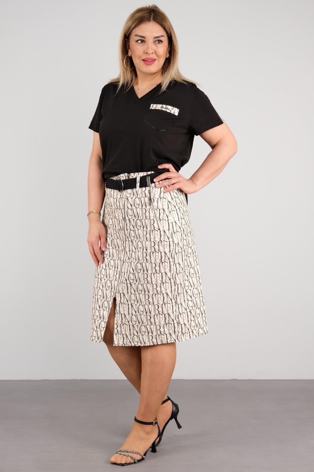 Büyük beden kemerli etek ve tişört kombini kadın spor tarz takımı 