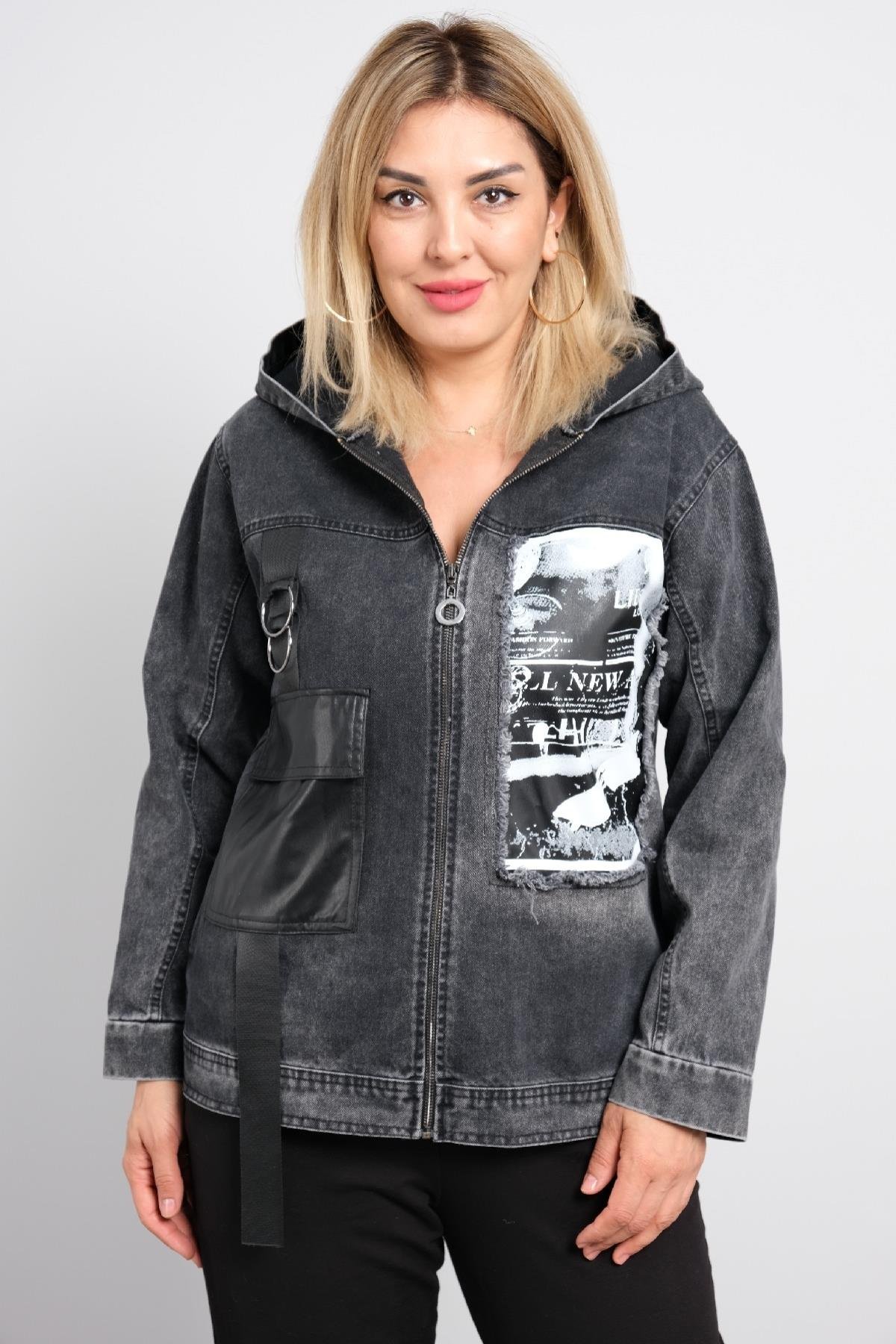 Büyük beden kot kumaş kadın kısa mont