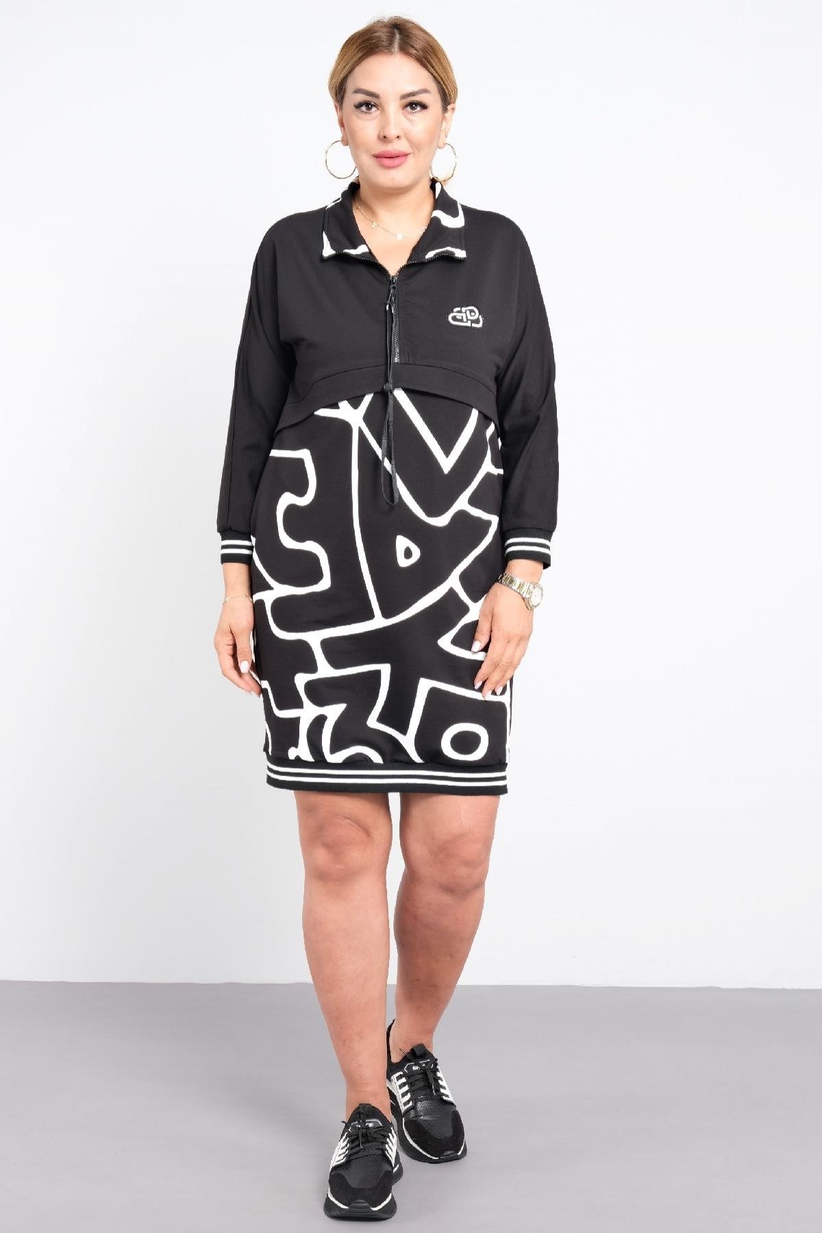 Çizgili fermuarlı cepli spor tarz elbise