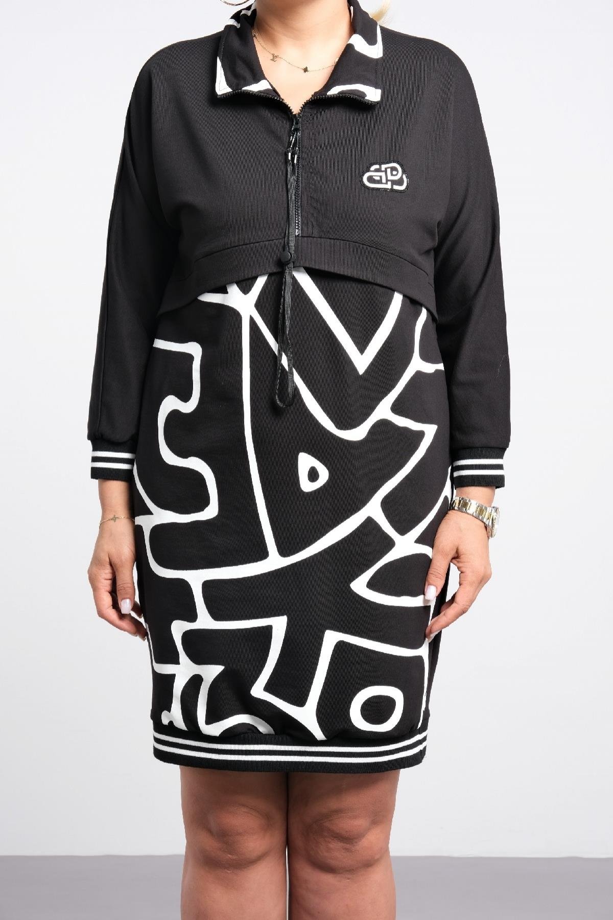 Çizgili fermuarlı cepli spor tarz elbise