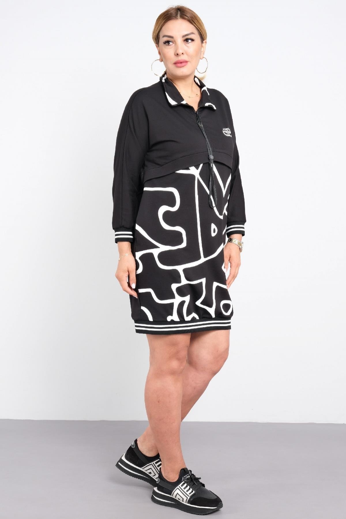 Çizgili fermuarlı cepli spor tarz elbise