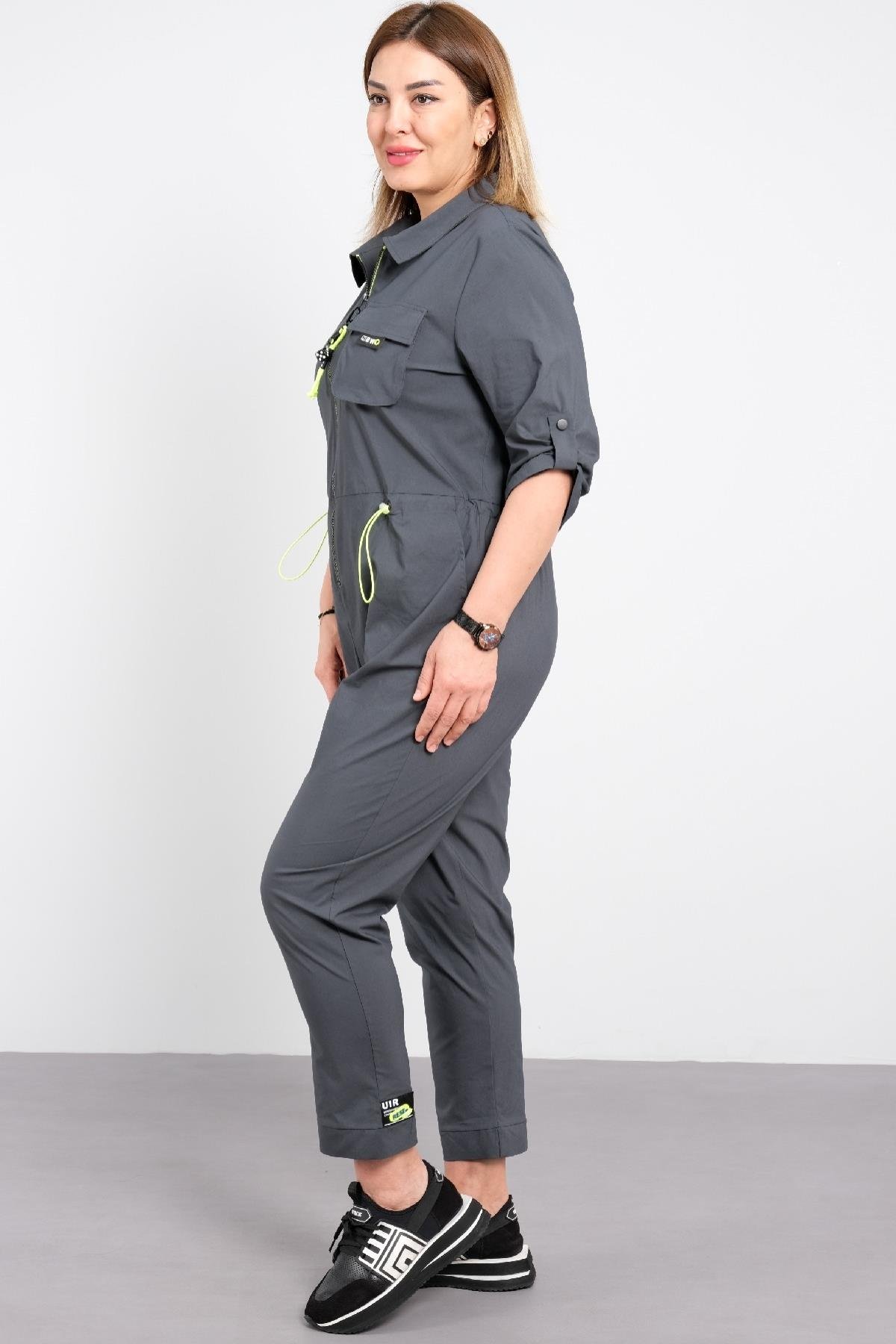 Fermuarlı çizgili cepli tulum