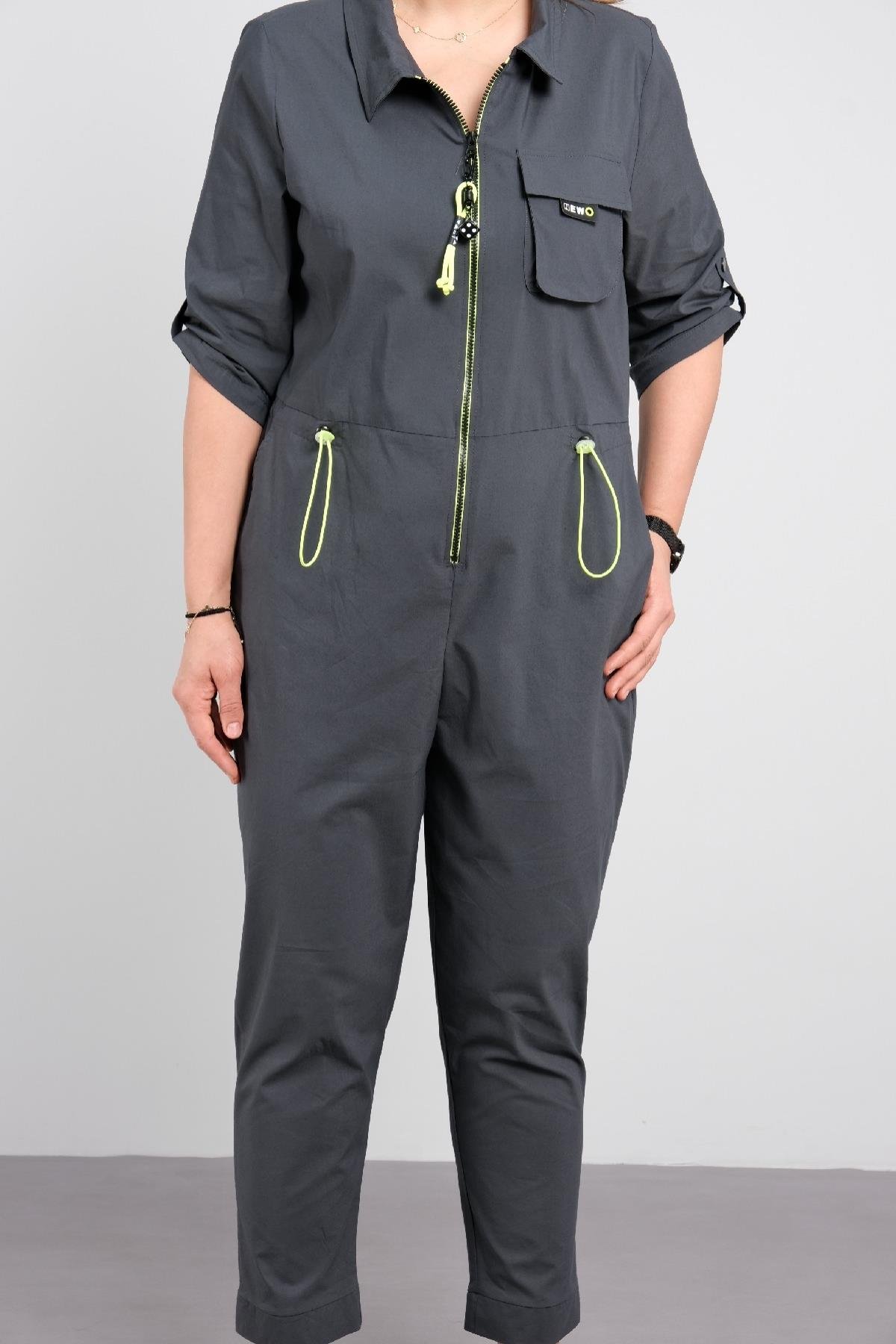 Fermuarlı çizgili cepli tulum