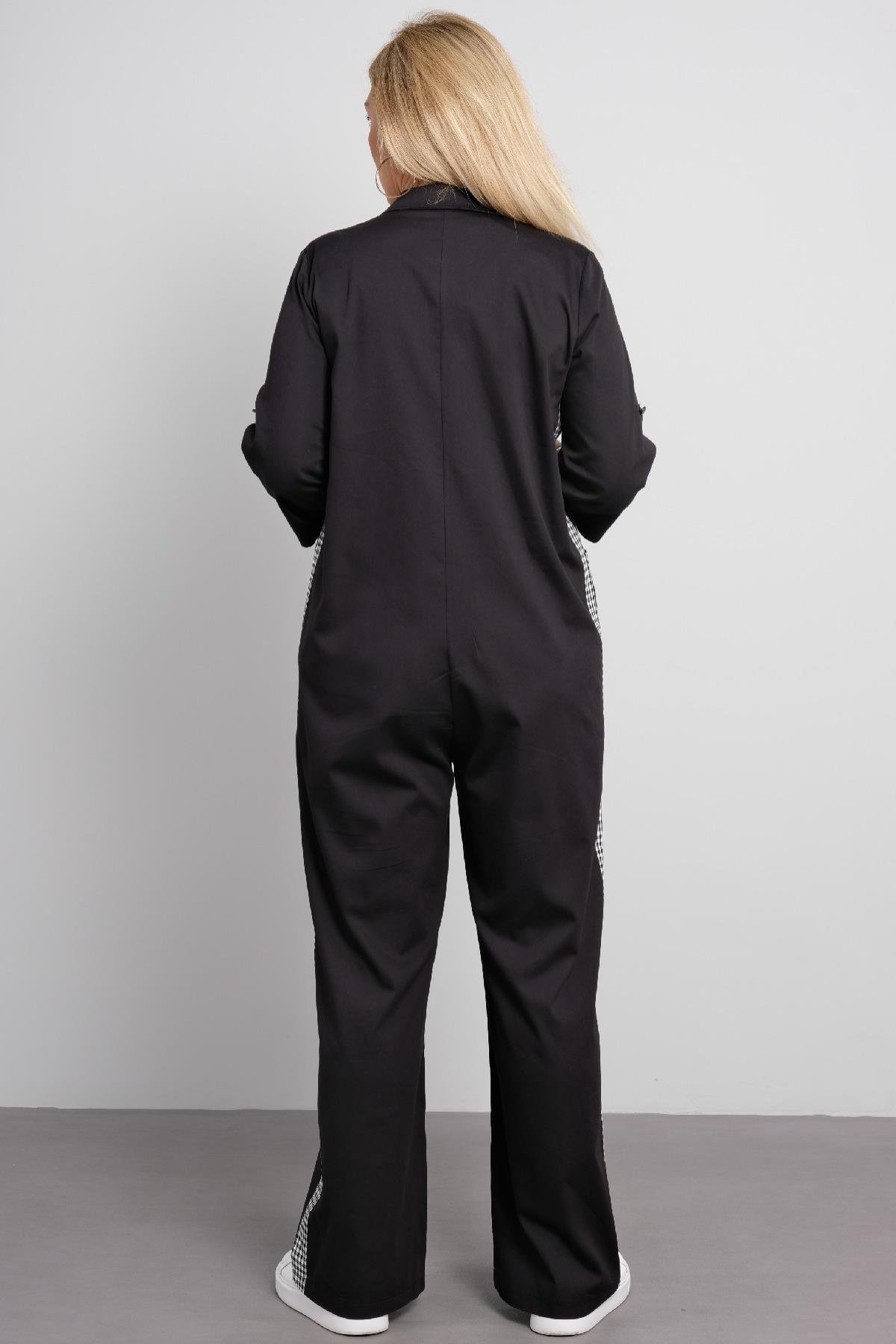 Fermuarlı çizgili cepli tulum