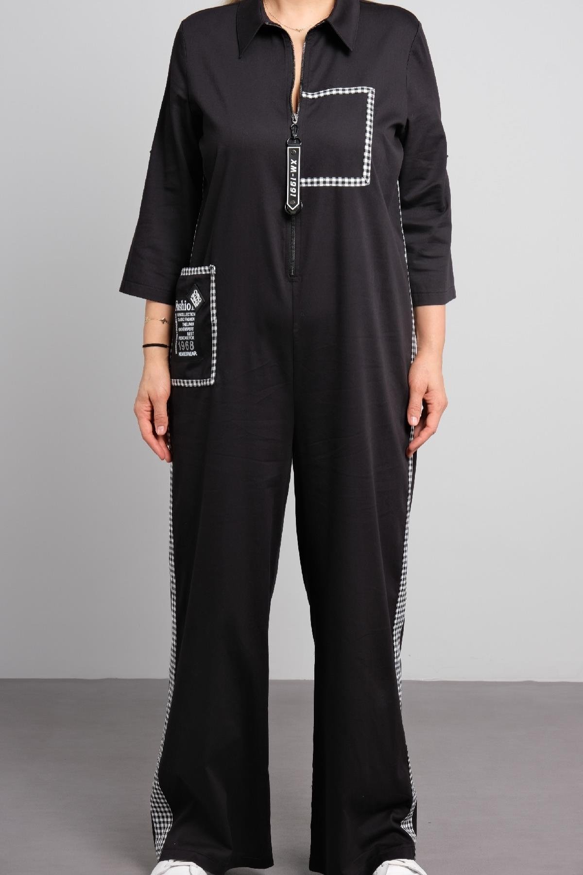 Fermuarlı çizgili cepli tulum