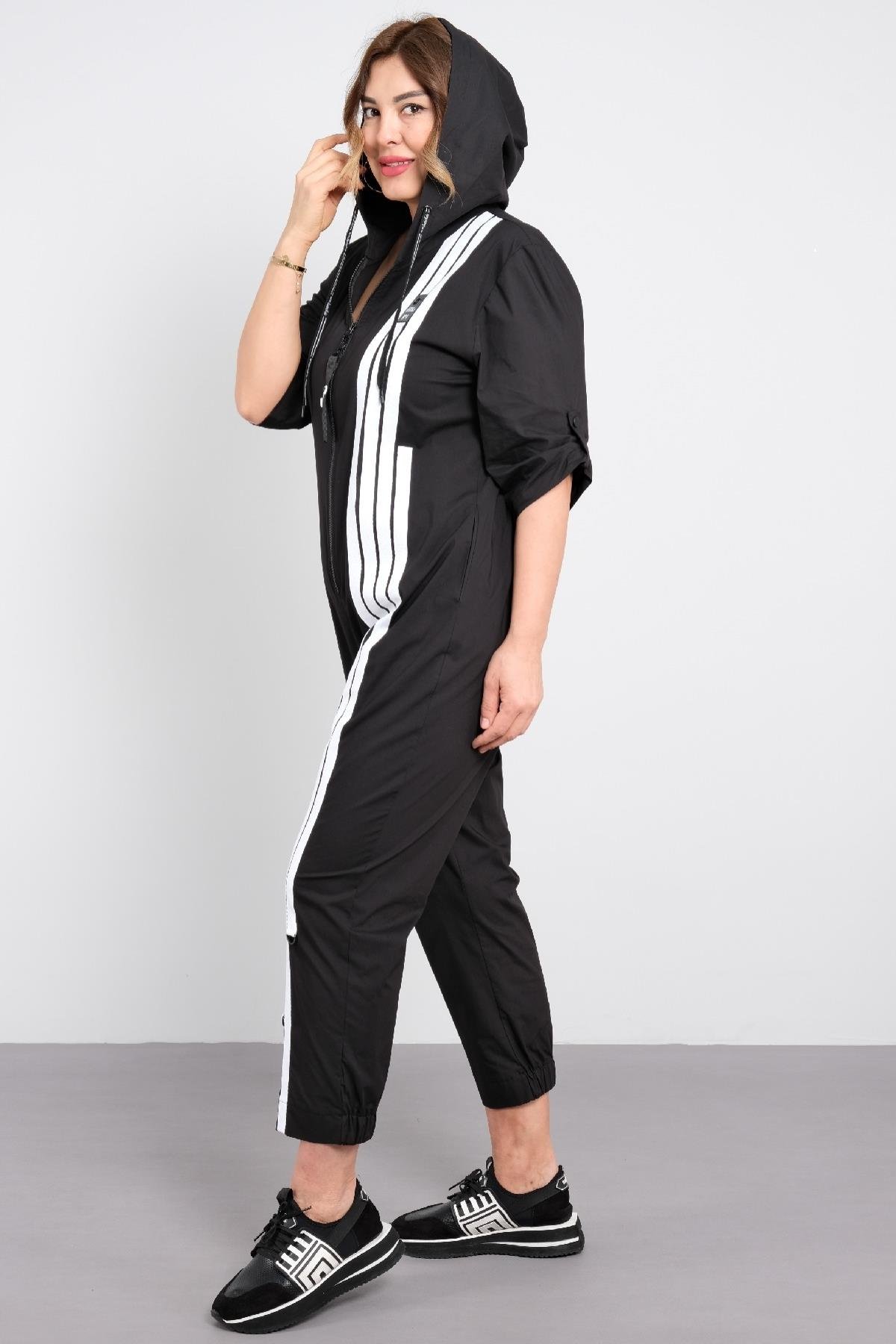 Fermuarlı çizgili cepli tulum