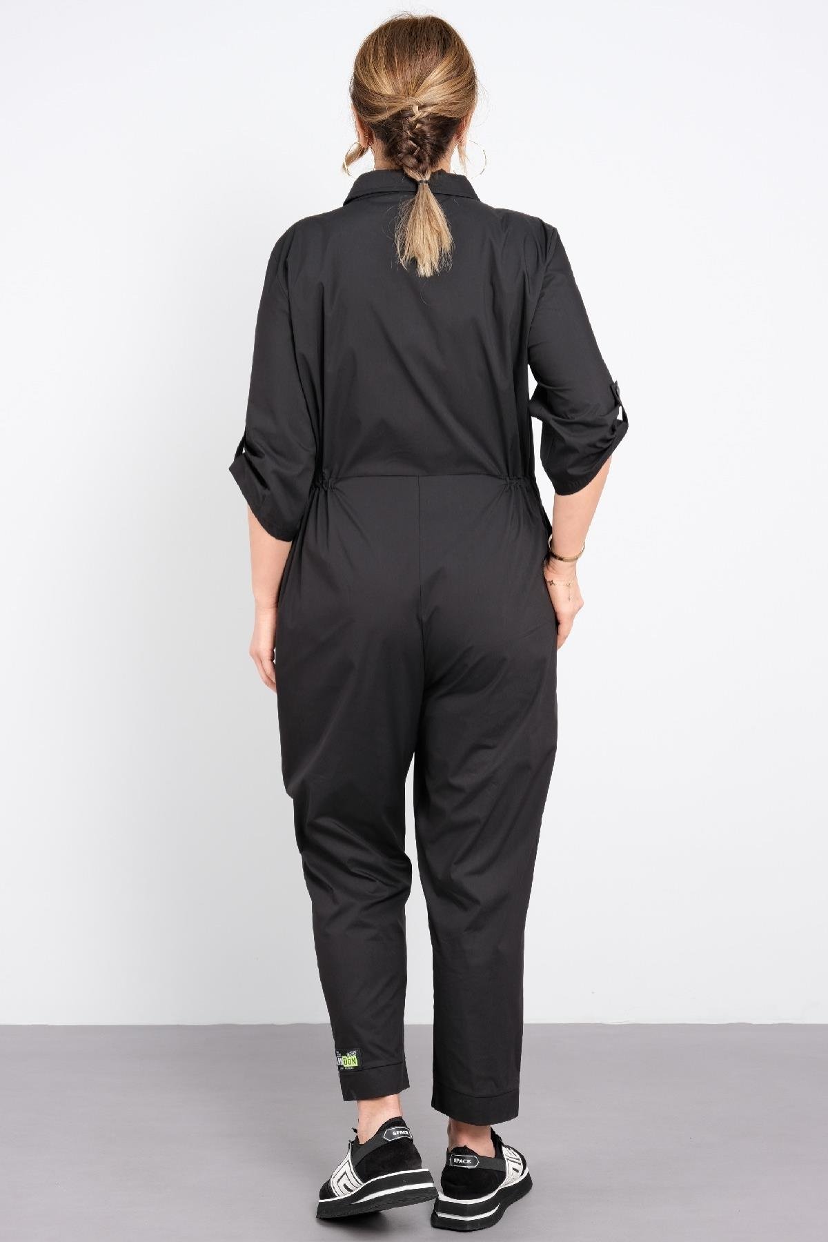 Fermuarlı çizgili cepli tulum