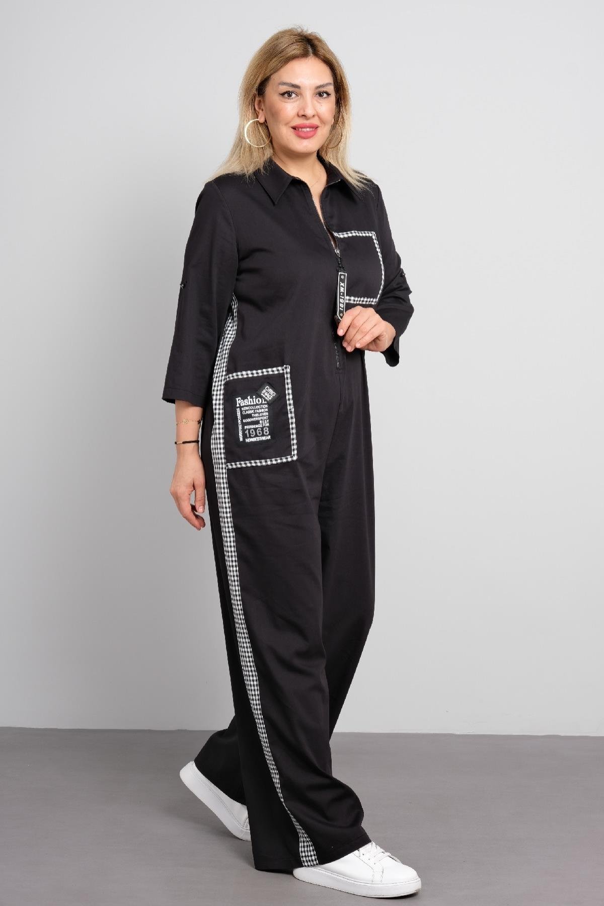 Fermuarlı çizgili cepli tulum