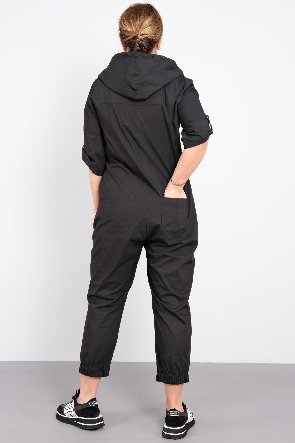 Fermuarlı çizgili cepli tulum