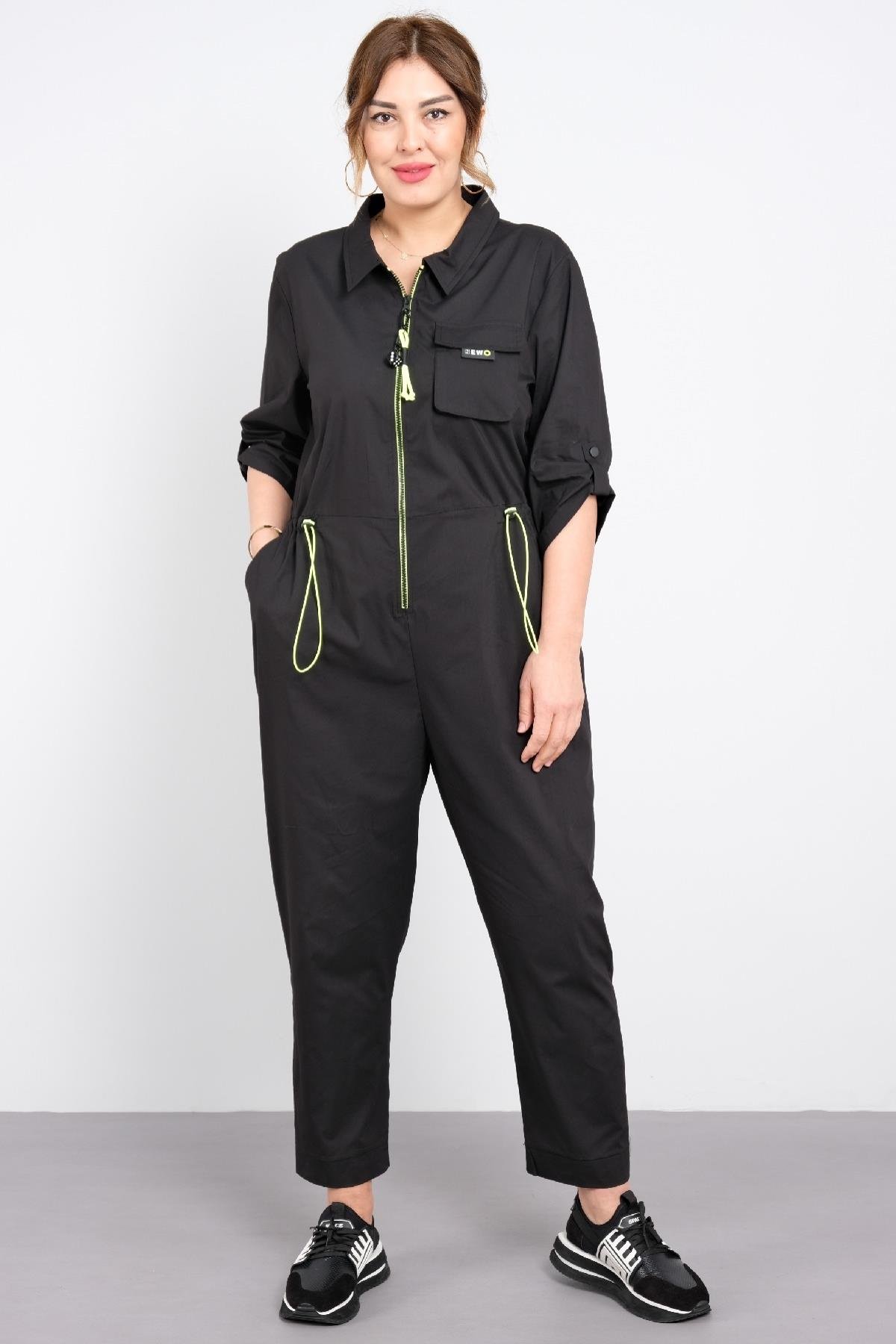 Fermuarlı çizgili cepli tulum