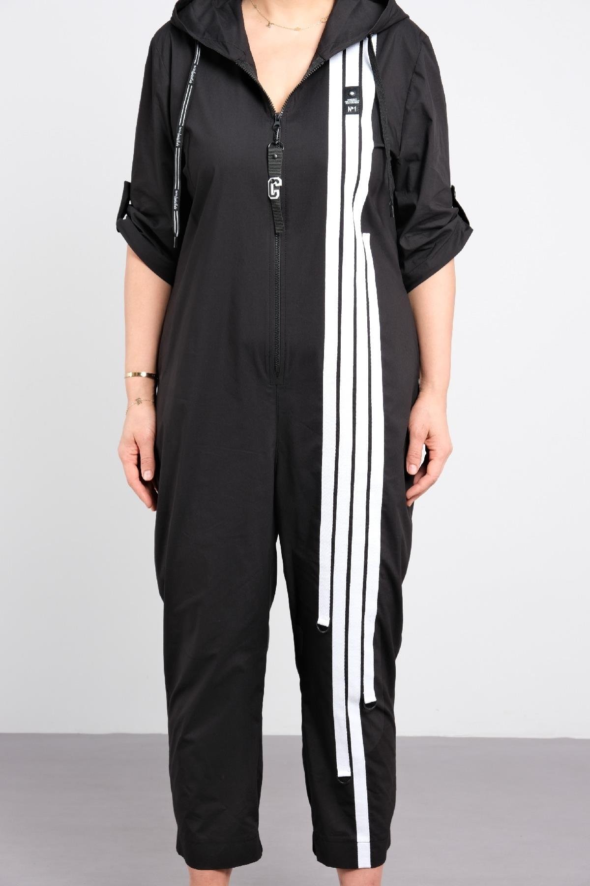 Fermuarlı çizgili cepli tulum