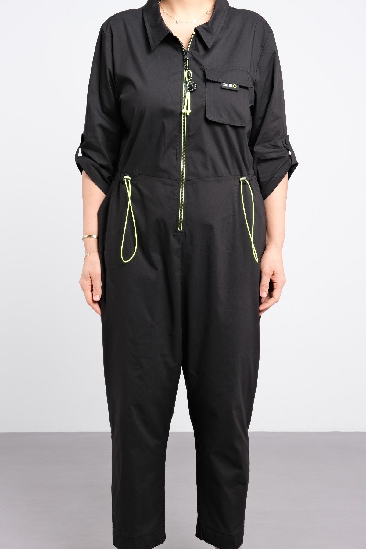 Fermuarlı çizgili cepli tulum