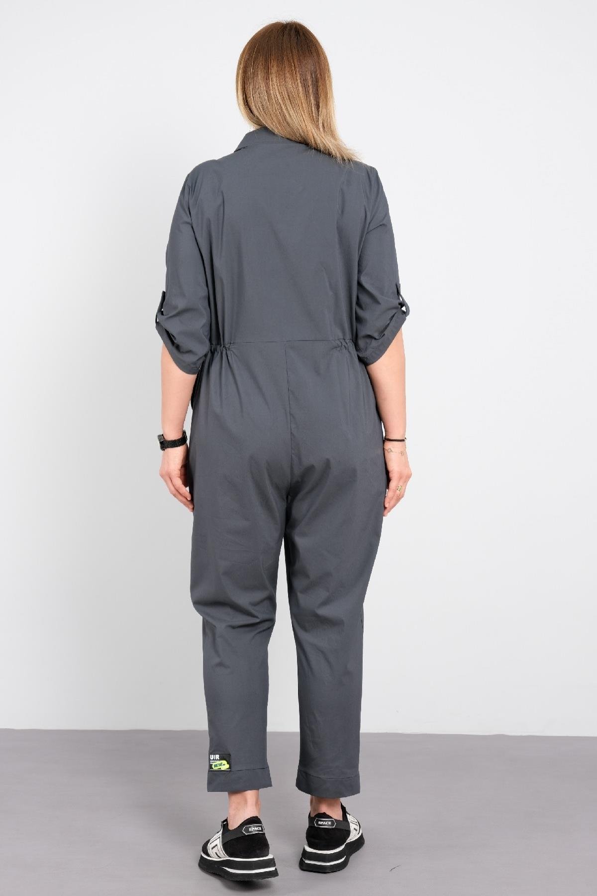 Fermuarlı çizgili cepli tulum