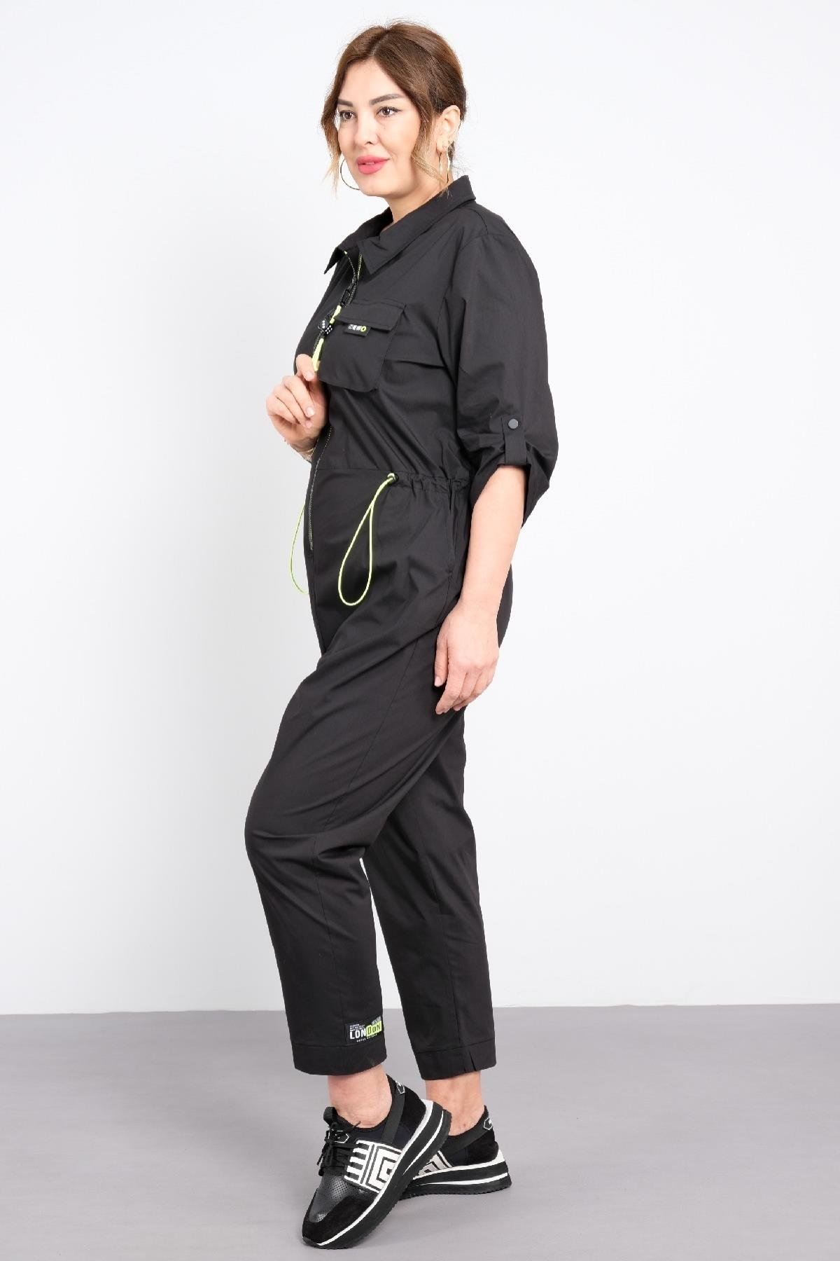 Fermuarlı çizgili cepli tulum