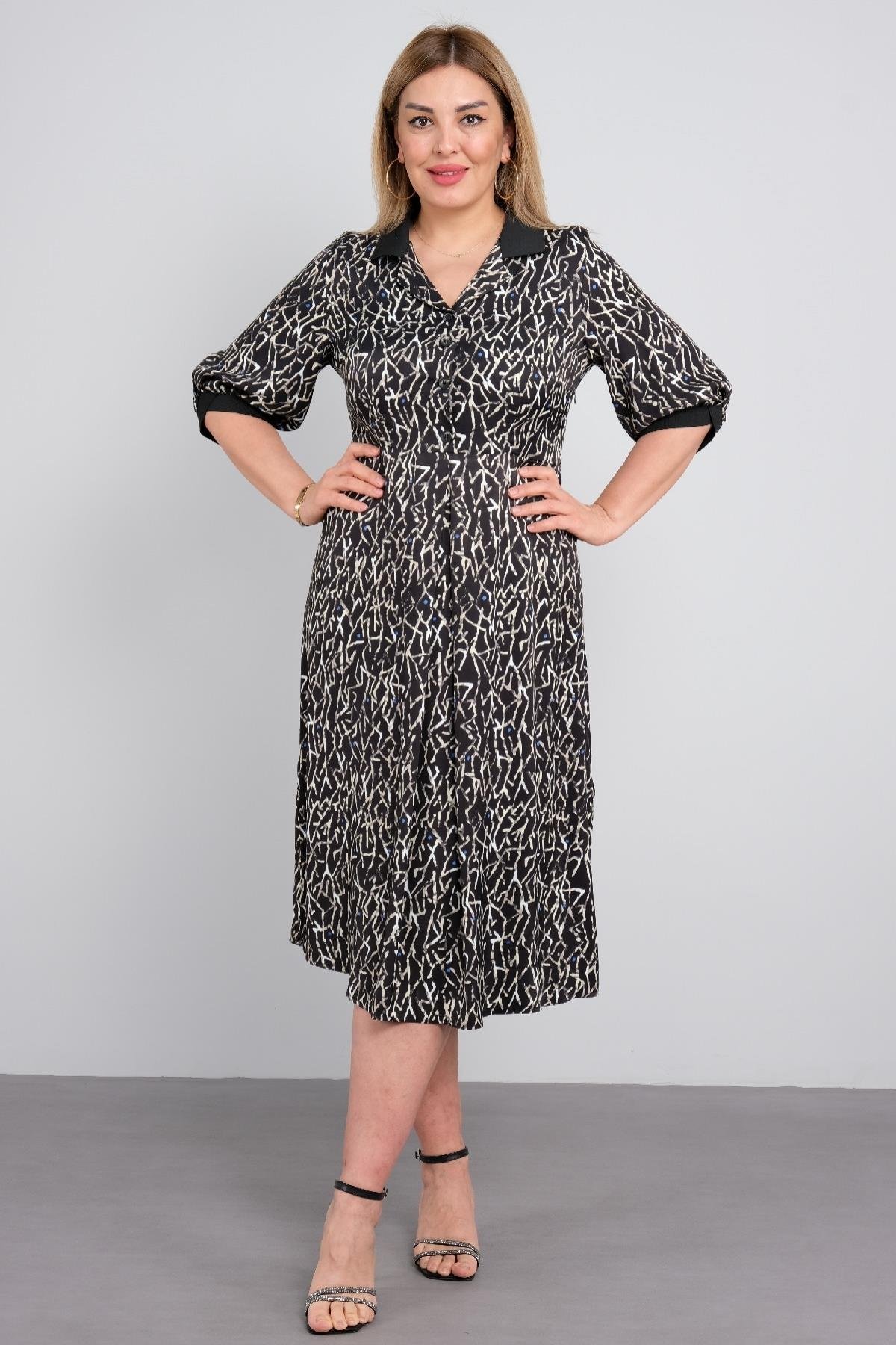 Günlük diz boy ve kemer detaylı uzun kollu büyük beden kadın elbisesi