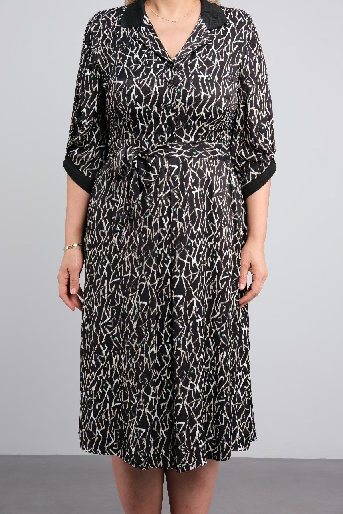 Günlük diz boy ve kemer detaylı uzun kollu büyük beden kadın elbisesi