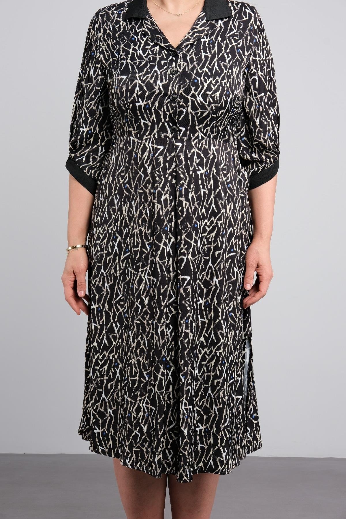 Günlük diz boy ve kemer detaylı uzun kollu büyük beden kadın elbisesi