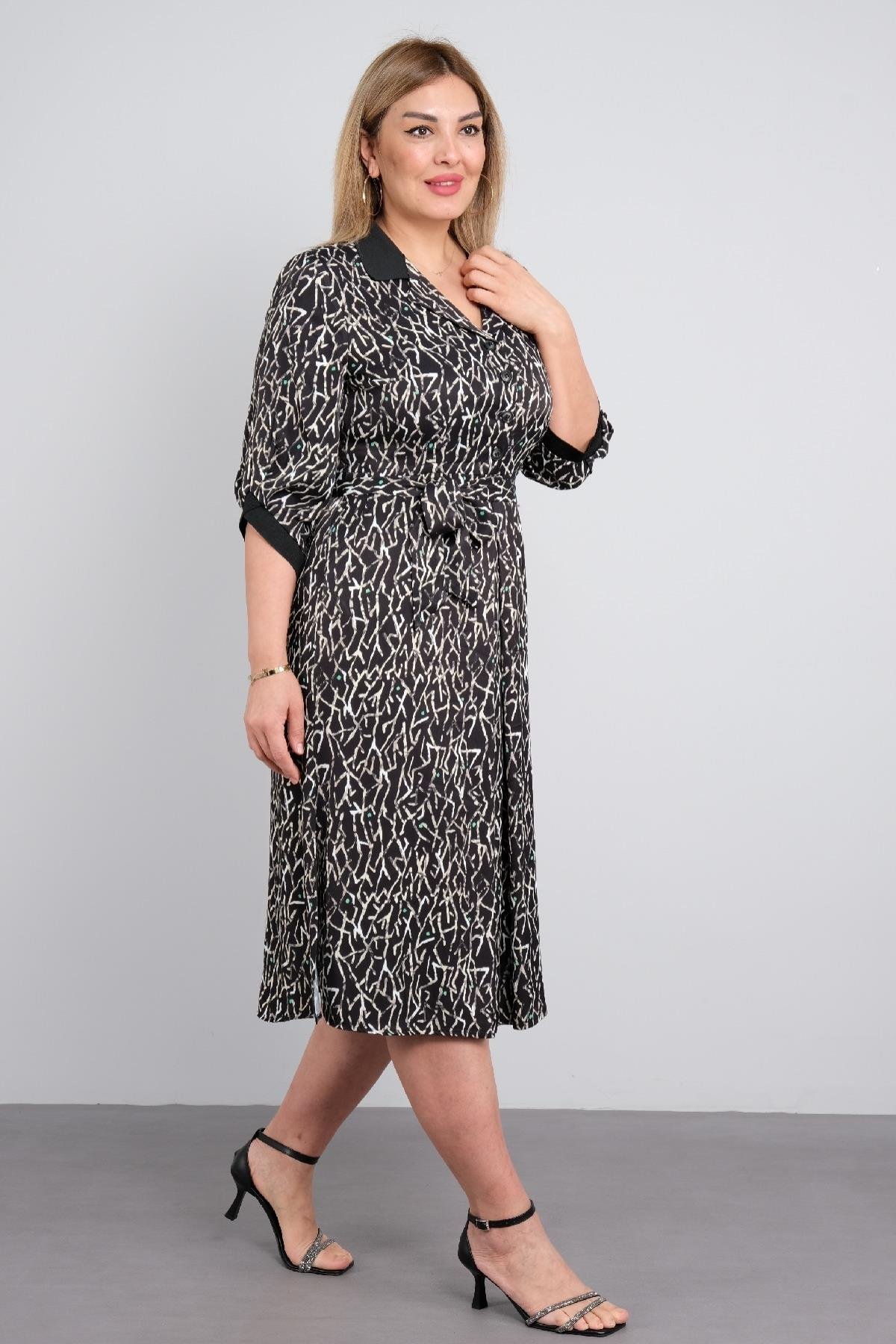 Günlük diz boy ve kemer detaylı uzun kollu büyük beden kadın elbisesi