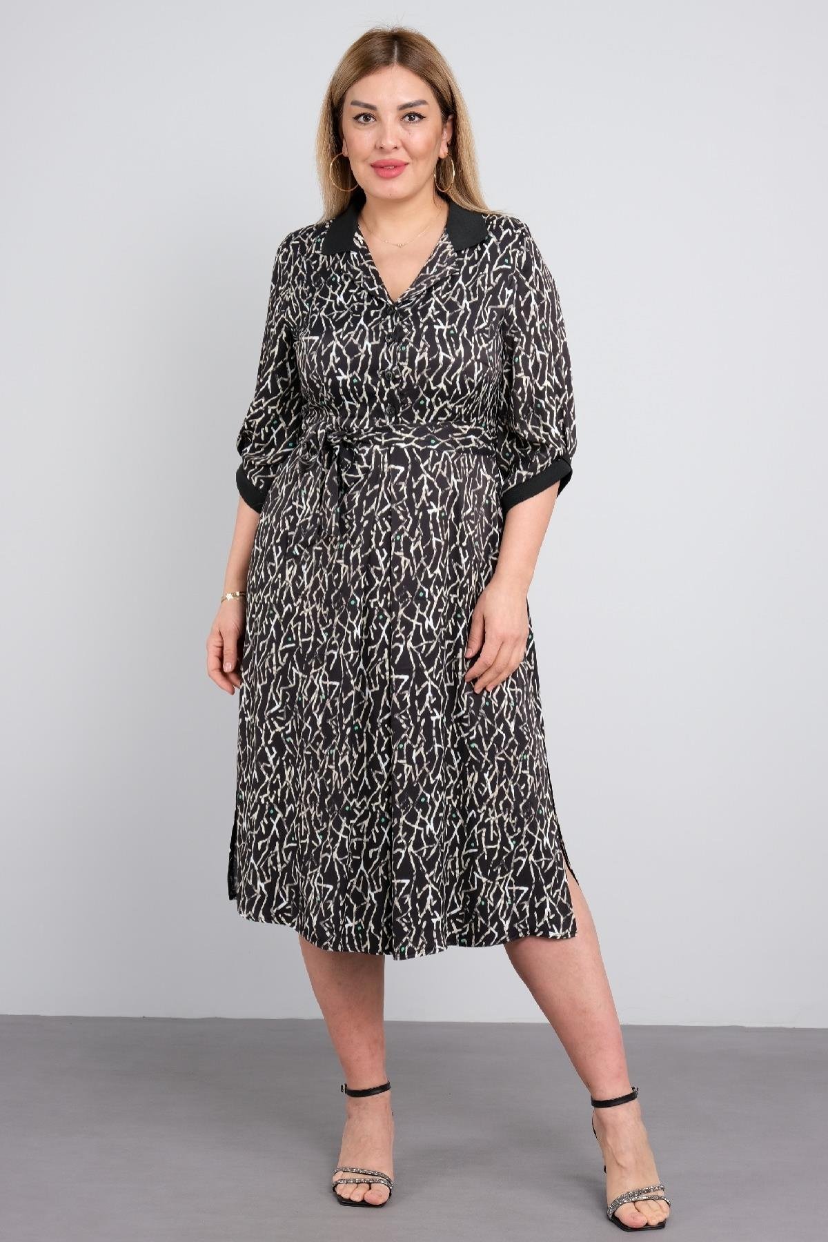 Günlük diz boy ve kemer detaylı uzun kollu büyük beden kadın elbisesi